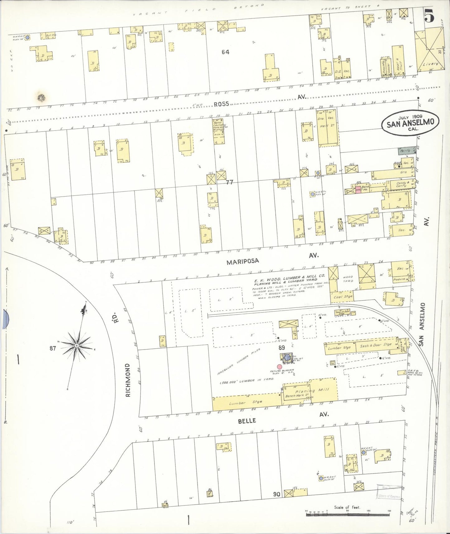 Sanborn Fire Insurance Map from San Anselmo, Marin County, California (1909), Sheet #0005 - Complete Map Set gallery image, historic Sanborn map, vintage wall art, California California