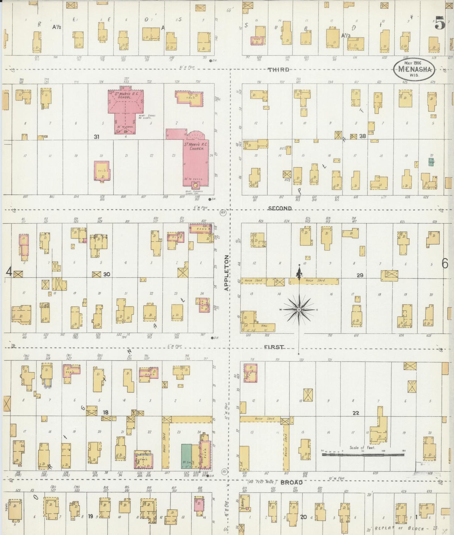 Sanborn Fire Insurance Map from Menasha, Winnebago County, Wisconsin (1906), Sheet #0005 - Historic Sanborn Fire Insurance Map Print, vintage old map wall art, antique decor, genealogy gift, Wisconsin Wisconsin map