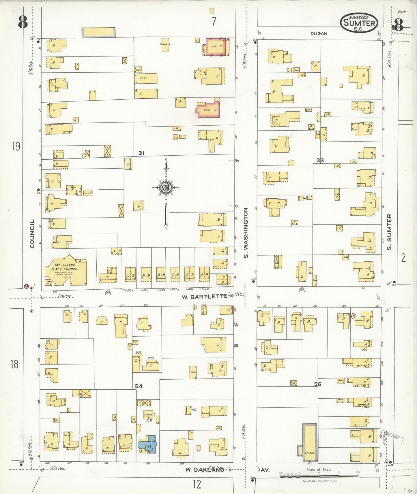 Sanborn Fire Insurance Map from Sumter, Sumter County, South Carolina (1923), Sheet #0008 - Historic Sanborn Fire Insurance Map Print, vintage old map wall art, antique decor, genealogy gift, South Carolina South Carolina map