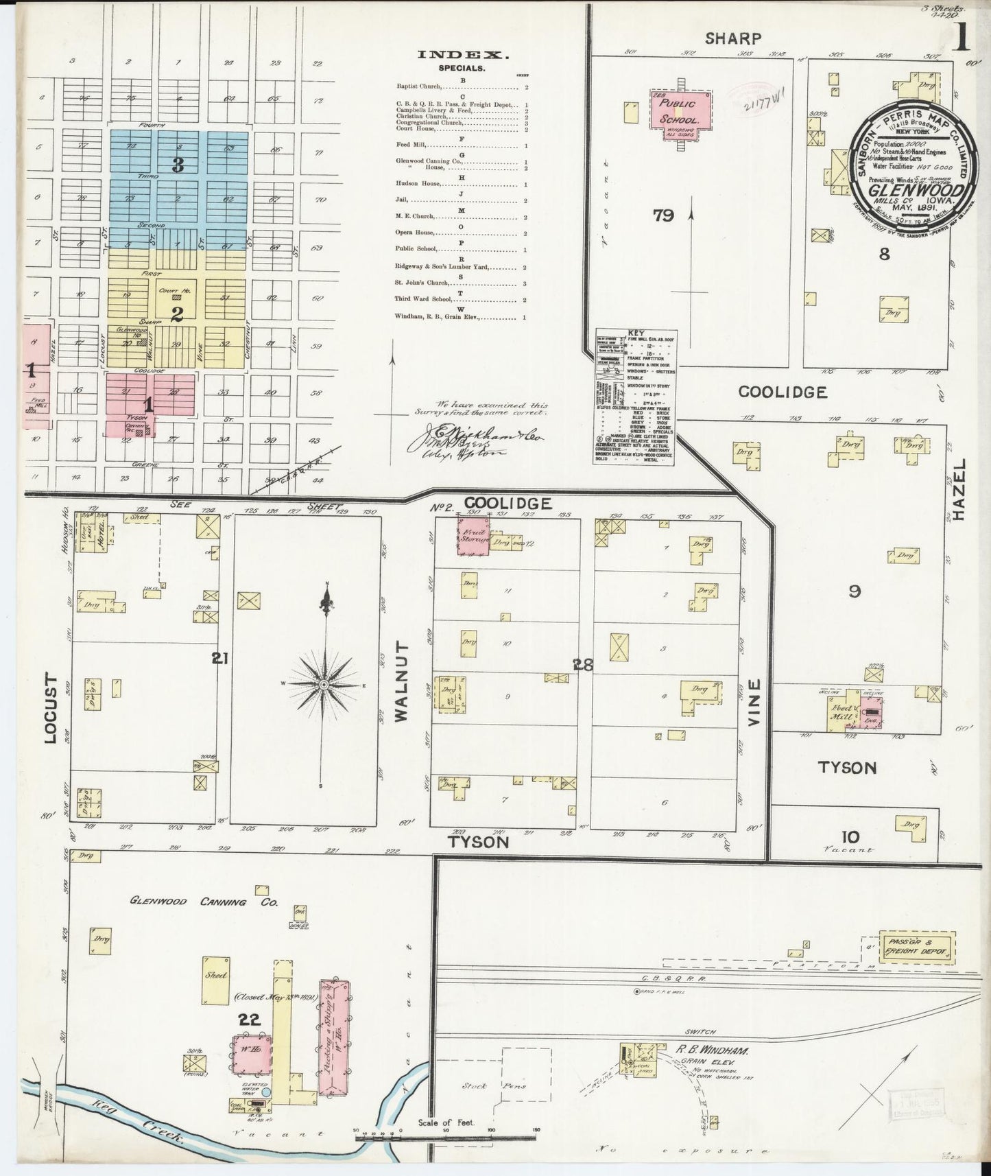 Sanborn Fire Insurance Map from Glenwood, Mills County, Iowa (1891), Sheet #0001 - Historic Sanborn Fire Insurance Map Print, vintage old map wall art
