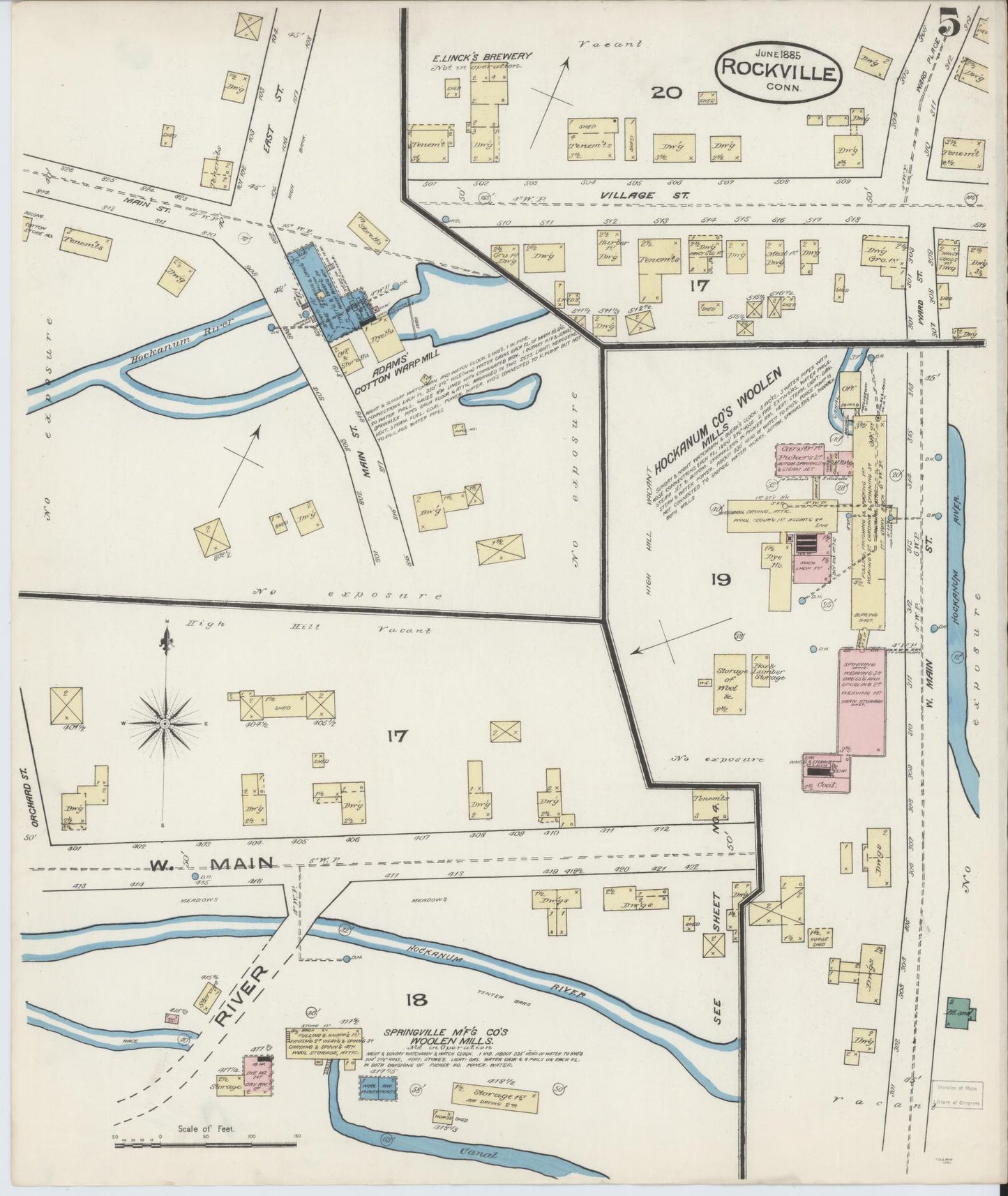 Sanborn Fire Insurance Map from Rockville, Tolland County, Connecticut (1885), Sheet #0005 - Complete Map Set gallery image, historic Sanborn map, vintage wall art, Connecticut Connecticut