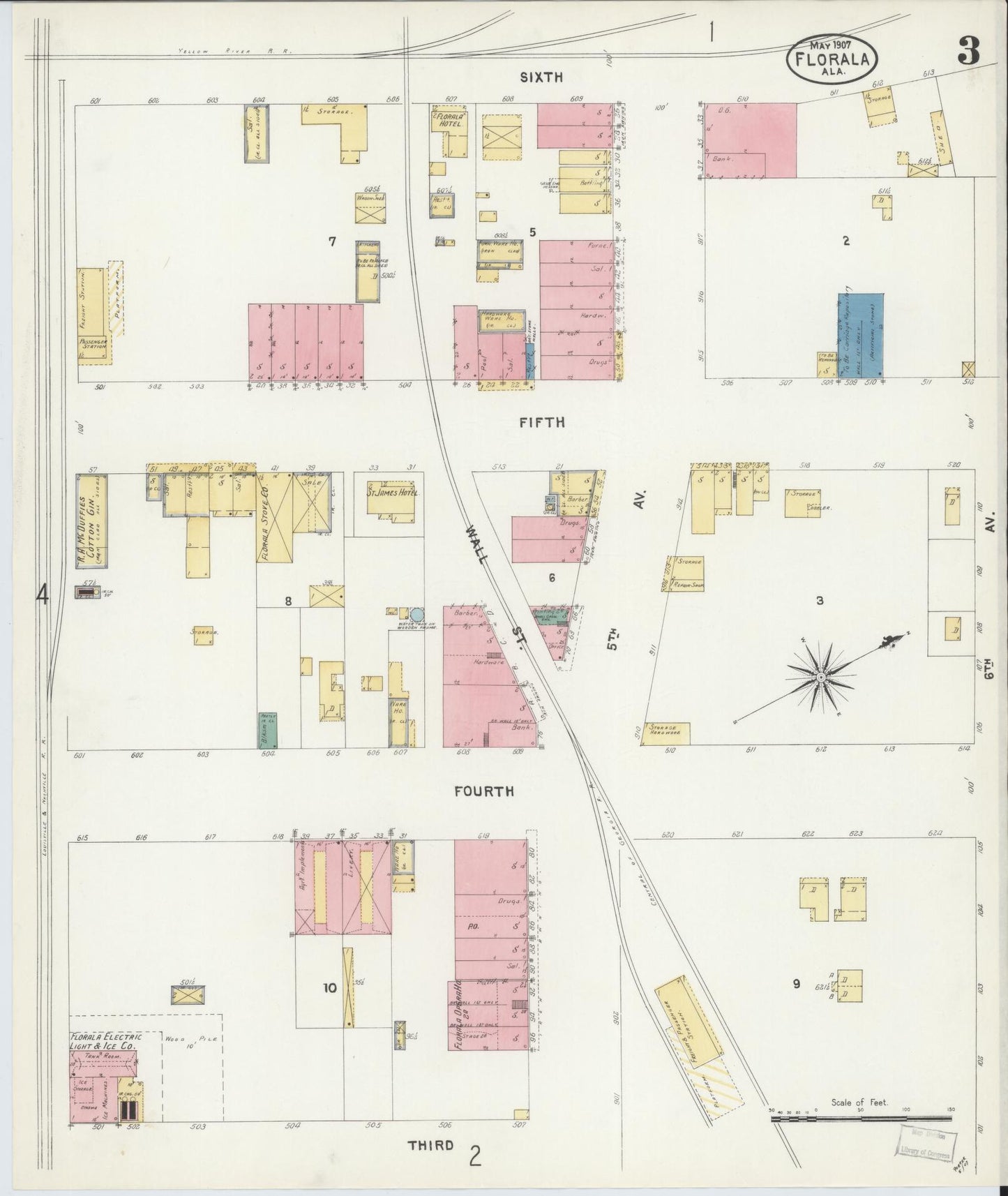 Sanborn Fire Insurance Map from Florala, Covington County, Alabama (1907), Sheet #0003 - Historic Sanborn Fire Insurance Map Print, vintage old map wall art, antique decor, genealogy gift, Alabama Alabama map