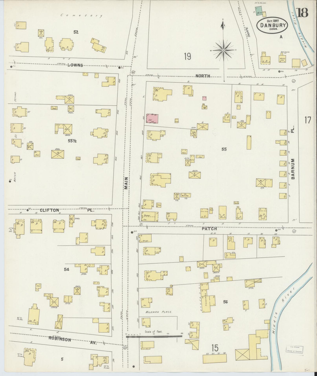 Sanborn Fire Insurance Map from Danbury, Fairfield County, Connecticut (1897), Sheet #0018 - Historic Sanborn Fire Insurance Map Print, vintage old map wall art, antique decor, genealogy gift, Connecticut Connecticut map