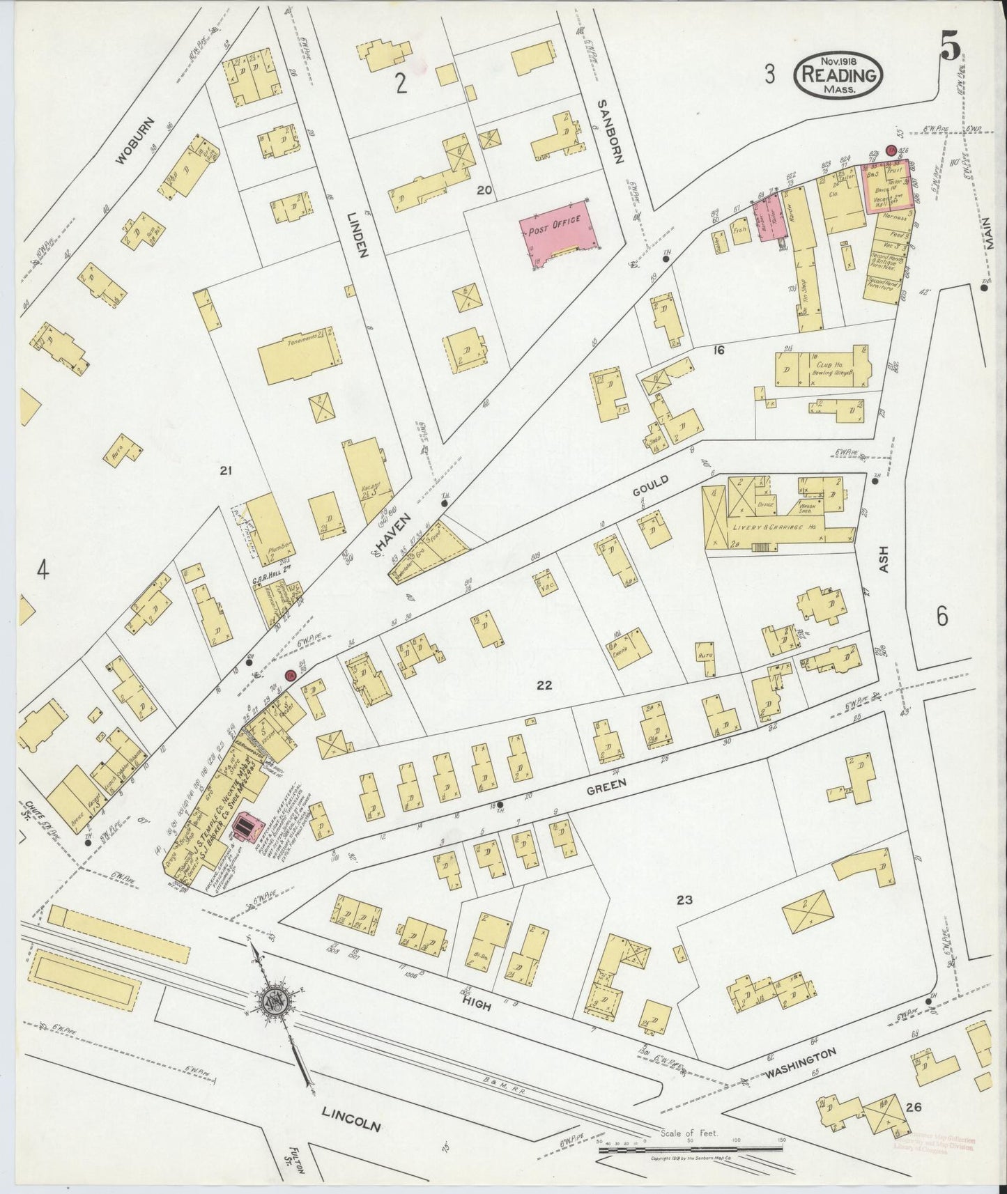 Sanborn Fire Insurance Map from Reading, Middlesex County, Massachusetts (1918), Sheet #0005 - Historic Sanborn Fire Insurance Map Print, vintage old map wall art, antique decor, genealogy gift, Massachusetts Massachusetts map
