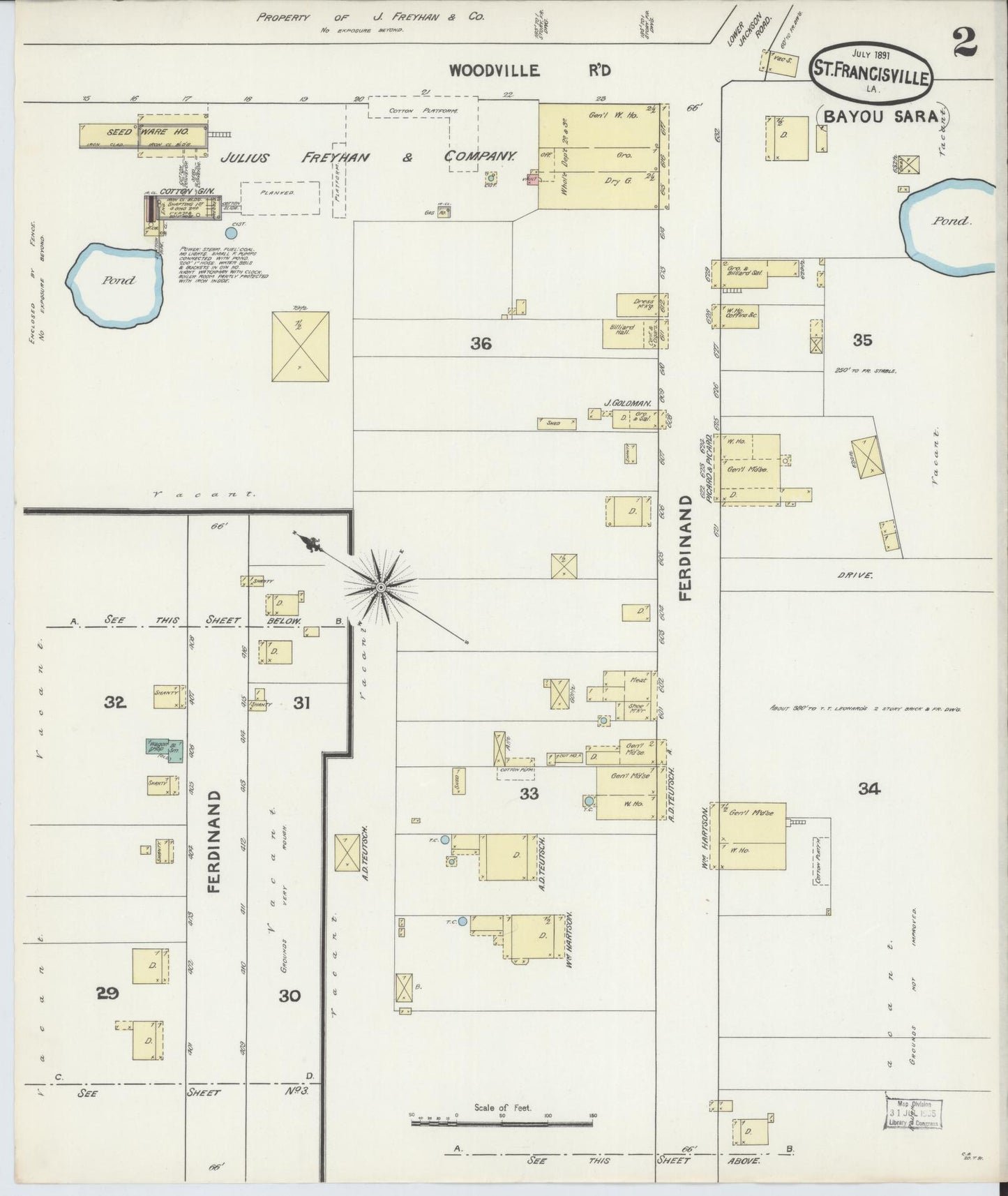 Sanborn Fire Insurance Map from Bayou Sara, West Feliciana Parish, Louisiana (1891), Sheet #0002 - Historic Sanborn Fire Insurance Map Print, vintage old map wall art, antique decor, genealogy gift, Louisiana Louisiana map