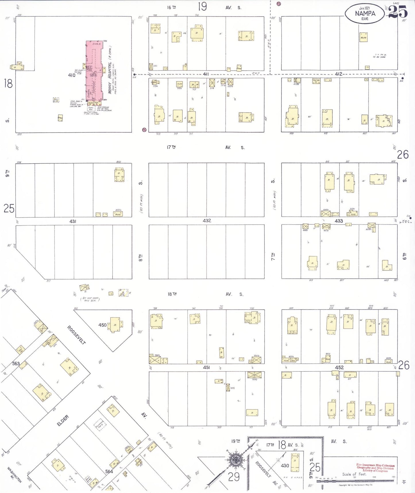 Sanborn Fire Insurance Map from Nampa, Canyon County, Idaho (1921), Sheet #0025 - Historic Sanborn Fire Insurance Map Print, vintage old map wall art, antique decor, genealogy gift, Idaho Idaho map
