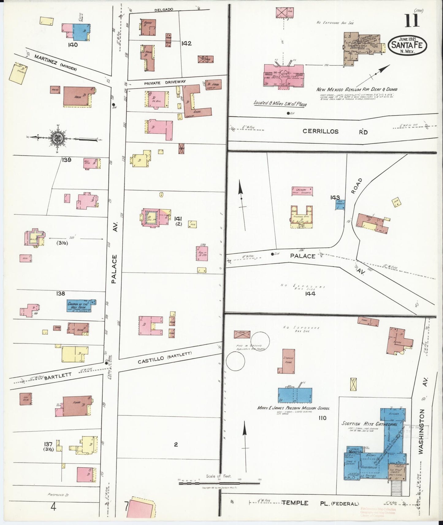 Sanborn Fire Insurance Map from Santa Fe, Santa Fe County, New Mexico (1921), Sheet #0011 - Historic Sanborn Fire Insurance Map Print, vintage old map wall art, antique decor, genealogy gift, New Mexico New Mexico map
