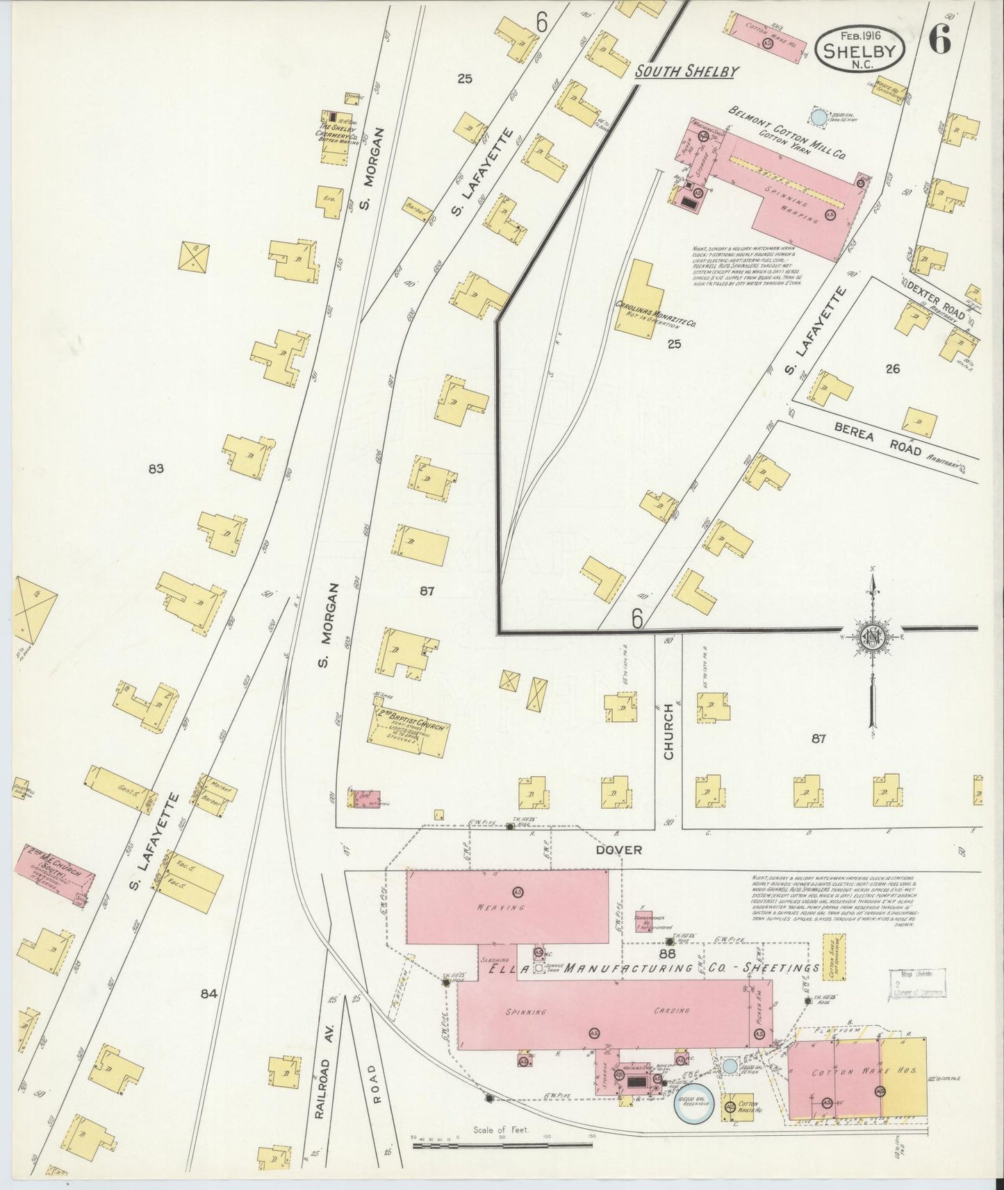 Sanborn Fire Insurance Map from Shelby, Cleveland County, North Carolina (1916), Sheet #0006 - Historic Sanborn Fire Insurance Map Print, vintage old map wall art, antique decor, genealogy gift, North Carolina North Carolina map