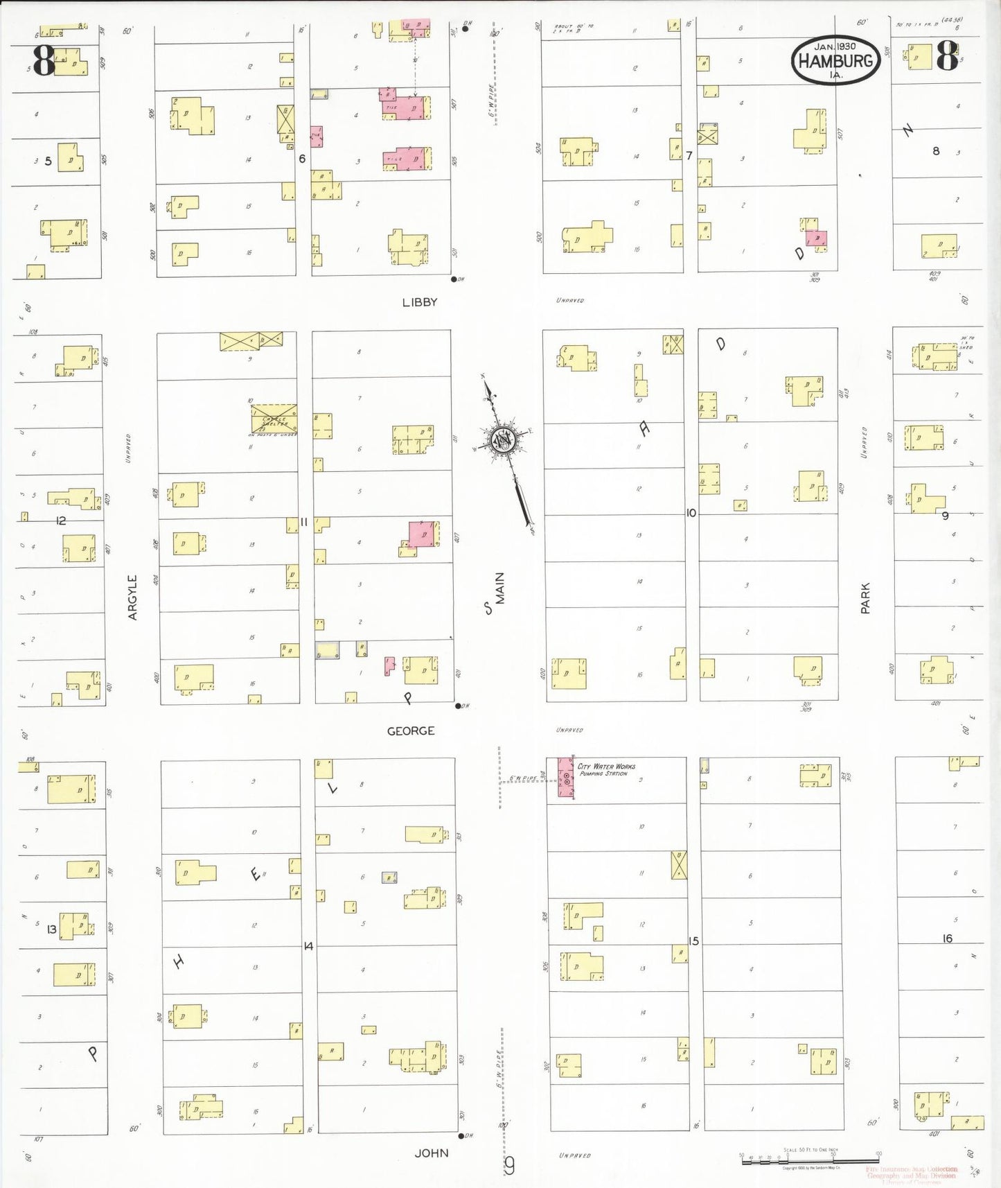 Sanborn Fire Insurance Map from Hamburg, Fremont County, Iowa (1930), Sheet #0008 - Historic Sanborn Fire Insurance Map Print, vintage old map wall art
