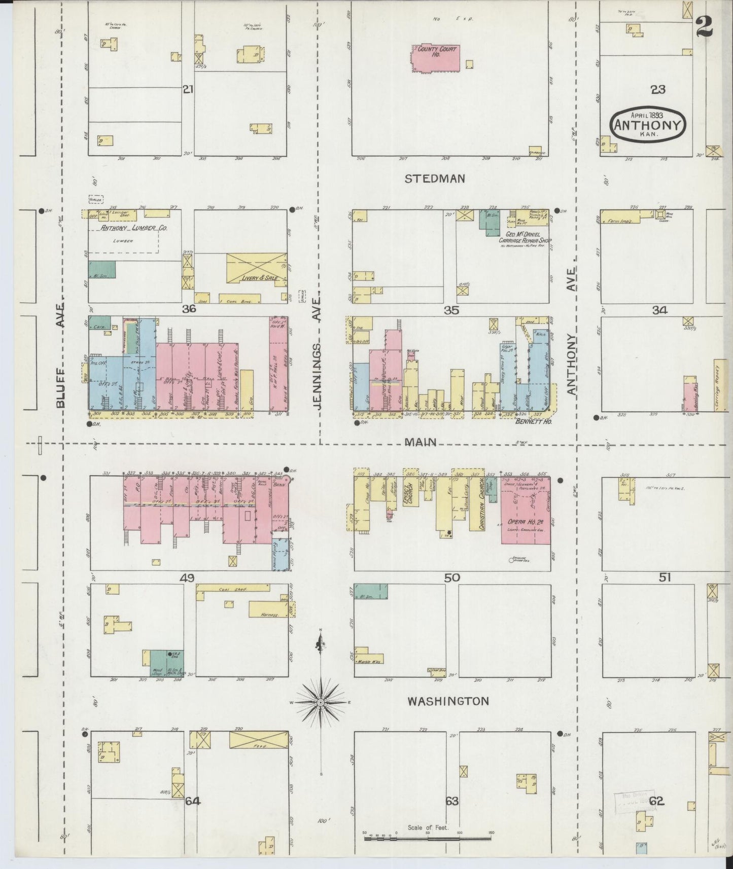 Sanborn Fire Insurance Map from Anthony, Harper County, Kansas (1893), Sheet #0002 - Historic Sanborn Fire Insurance Map Print, vintage old map wall art, antique decor, genealogy gift, Kansas Kansas map
