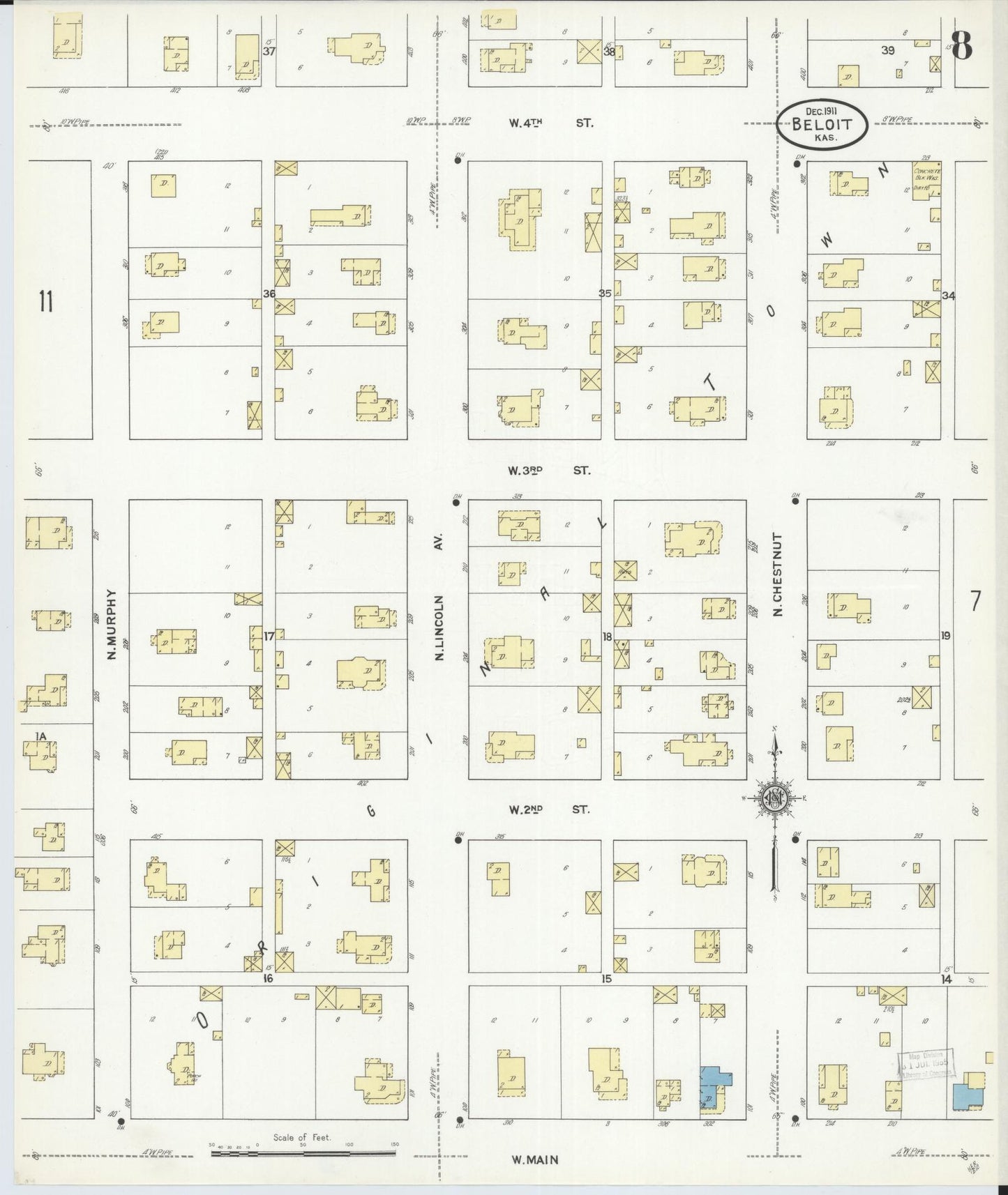 Sanborn Fire Insurance Map from Beloit, Mitchell County, Kansas (1911), Sheet #0008 - Historic Sanborn Fire Insurance Map Print, vintage old map wall art, antique decor, genealogy gift, Kansas Kansas map