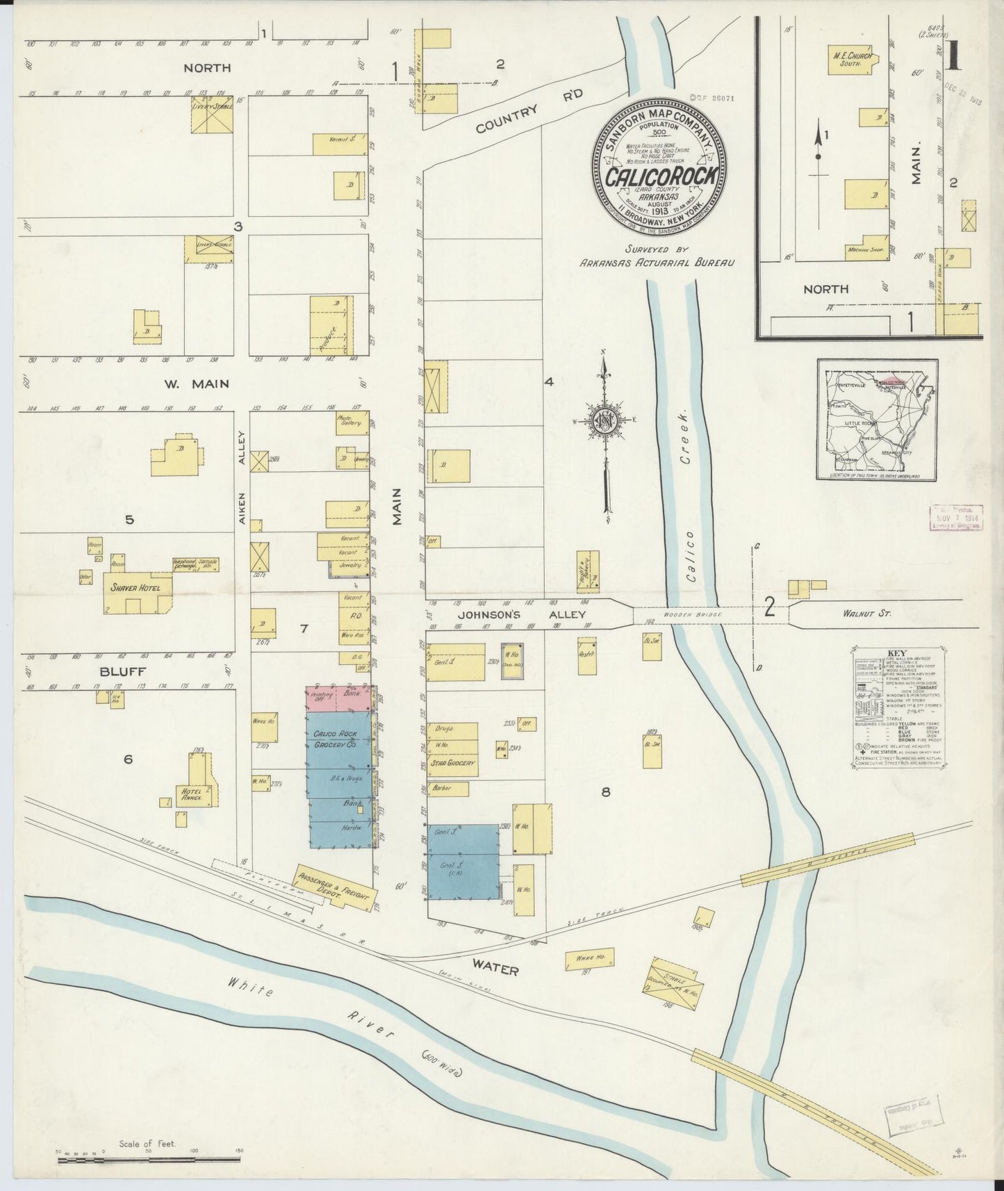 Sanborn Fire Insurance Map from Calico Rock, Izard County, Arkansas (1913), Sheet #0001 - Historic Sanborn Fire Insurance Map Print, vintage old map wall art, antique decor, genealogy gift, Arkansas Arkansas map
