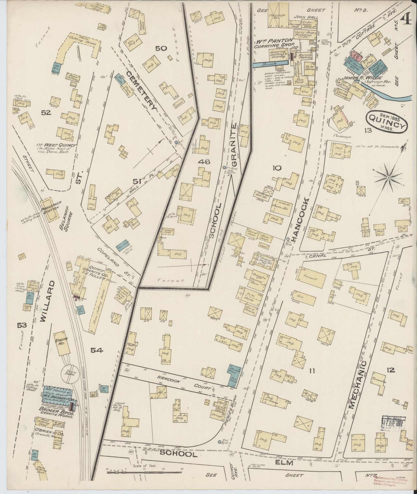 Sanborn Fire Insurance Map from Quincy, Norfolk County, Massachusetts (1885), Sheet #0004 - Historic Sanborn Fire Insurance Map Print, vintage old map wall art, antique decor, genealogy gift, Massachusetts Massachusetts map