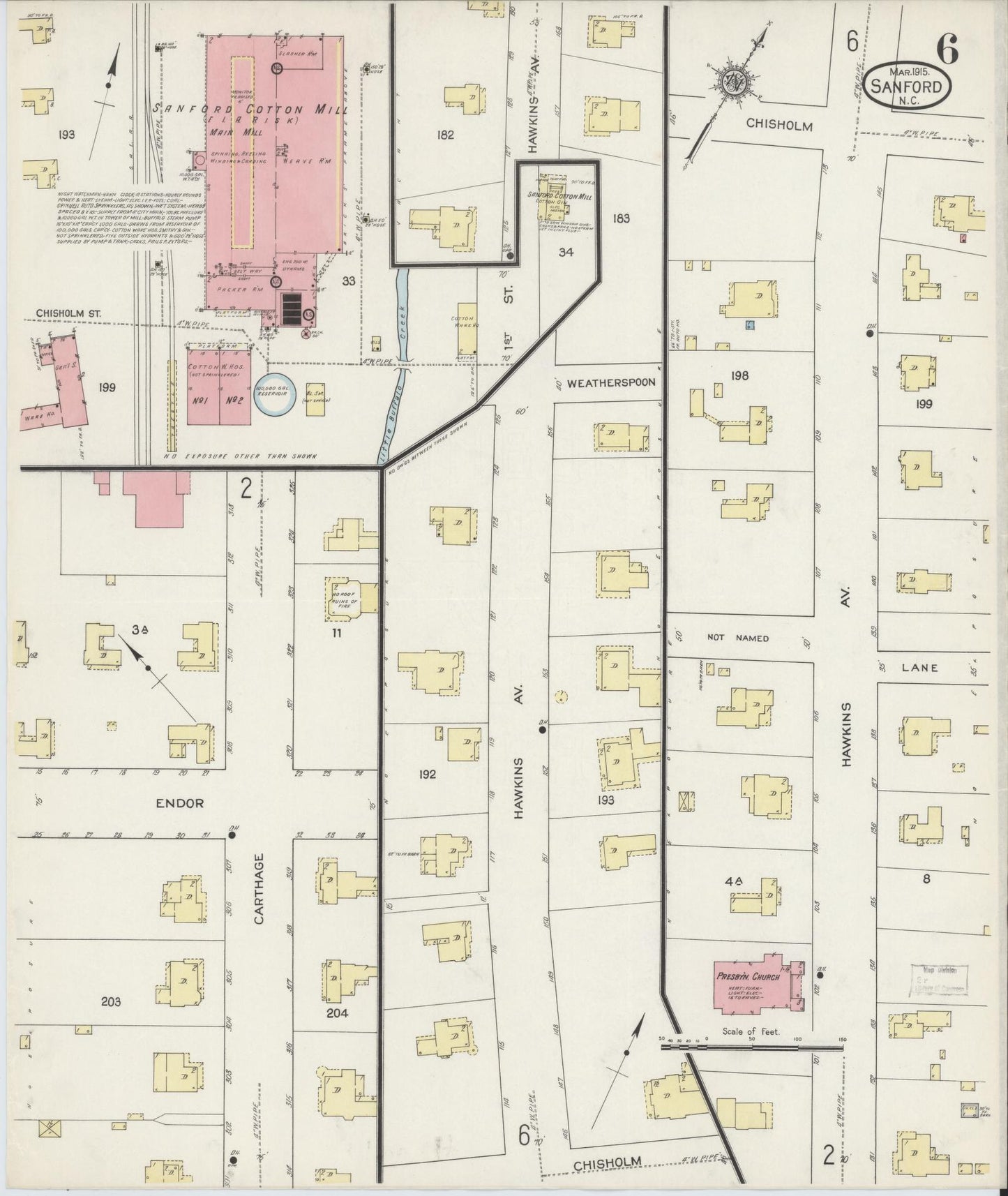 Sanborn Fire Insurance Map from Sanford, Lee County, North Carolina (1915), Sheet #0006 - Complete Map Set gallery image, historic Sanborn map, vintage wall art, North Carolina North Carolina