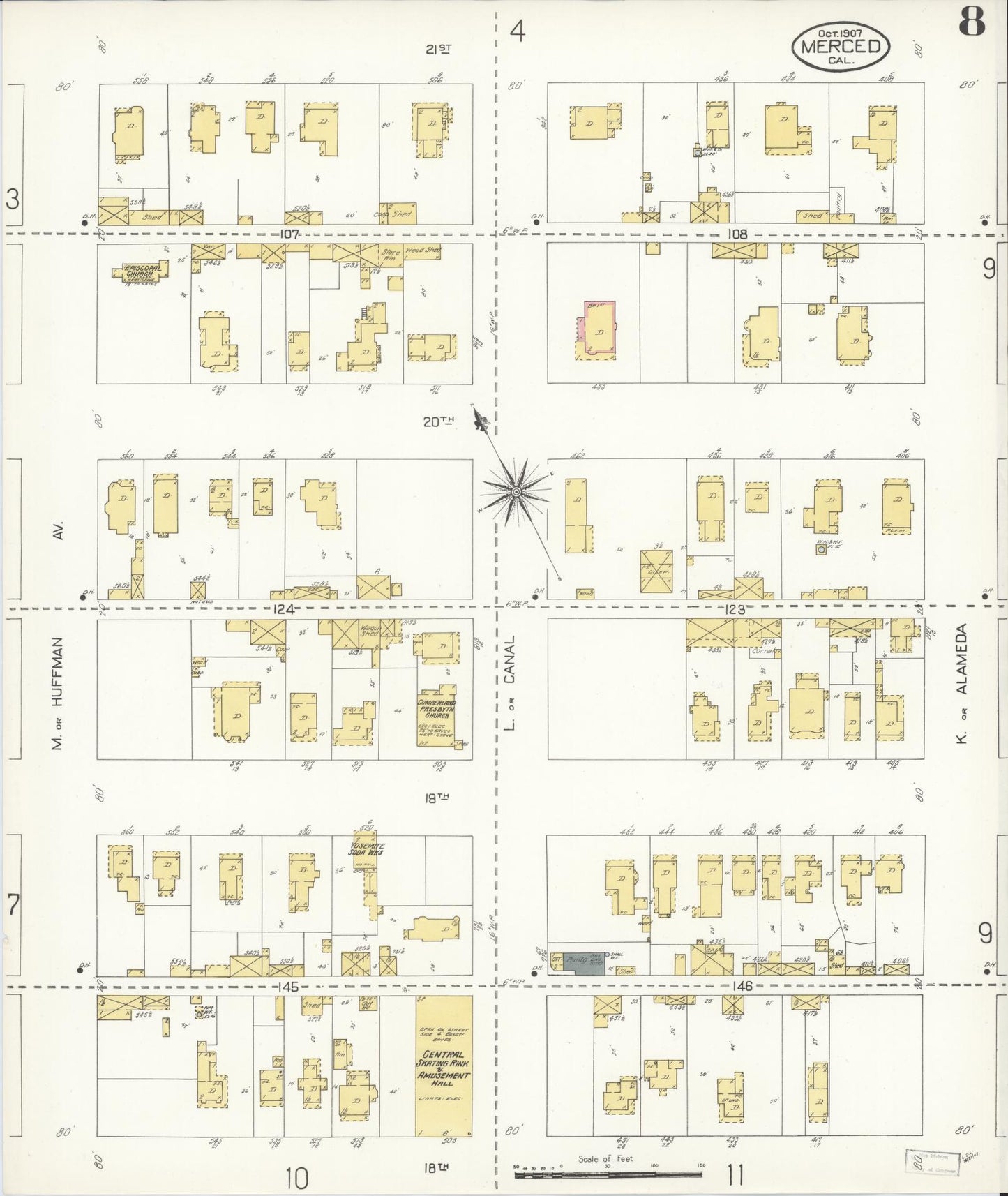 Sanborn Fire Insurance Map from Merced, Merced County, California (1907), Sheet #0008 - Historic Sanborn Fire Insurance Map Print, vintage old map wall art, antique decor, genealogy gift, California California map