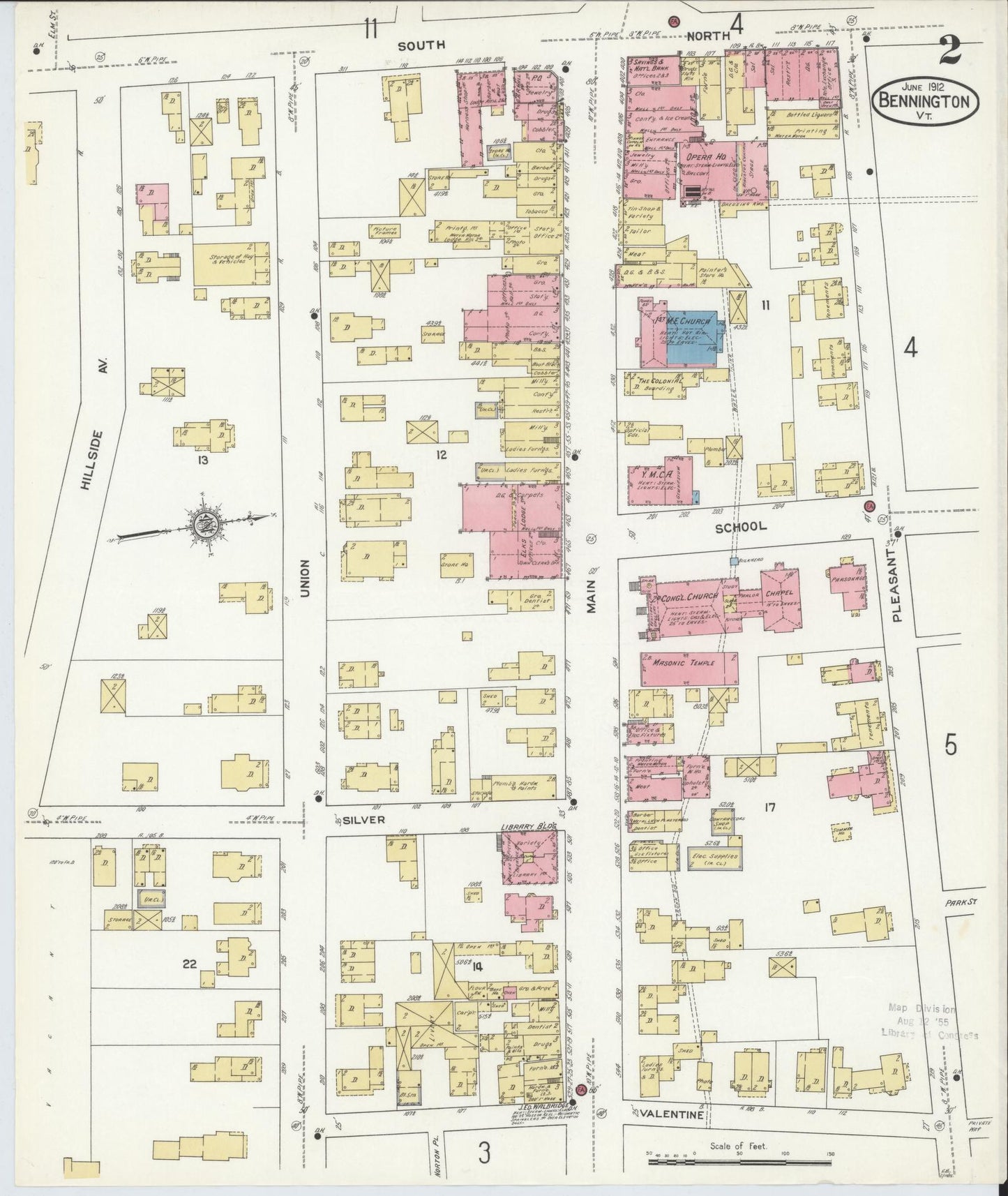Sanborn Fire Insurance Map from Bennington, Bennington County, Vermont (1912), Sheet #0002 - Historic Sanborn Fire Insurance Map Print, vintage old map wall art, antique decor, genealogy gift, Vermont Vermont map