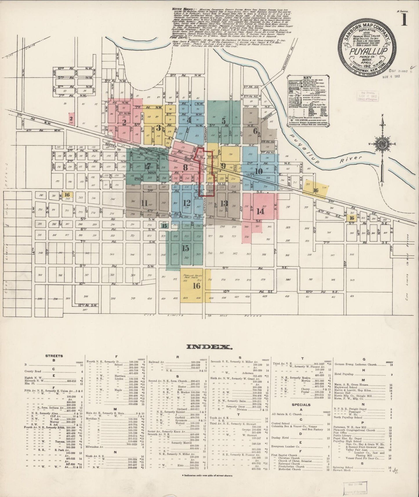 Sanborn Fire Insurance Map from Puyallup, Pierce County, Washington (1912), Sheet #0001 - Historic Sanborn Fire Insurance Map Print, vintage old map wall art, antique decor, genealogy gift, Washington Washington map