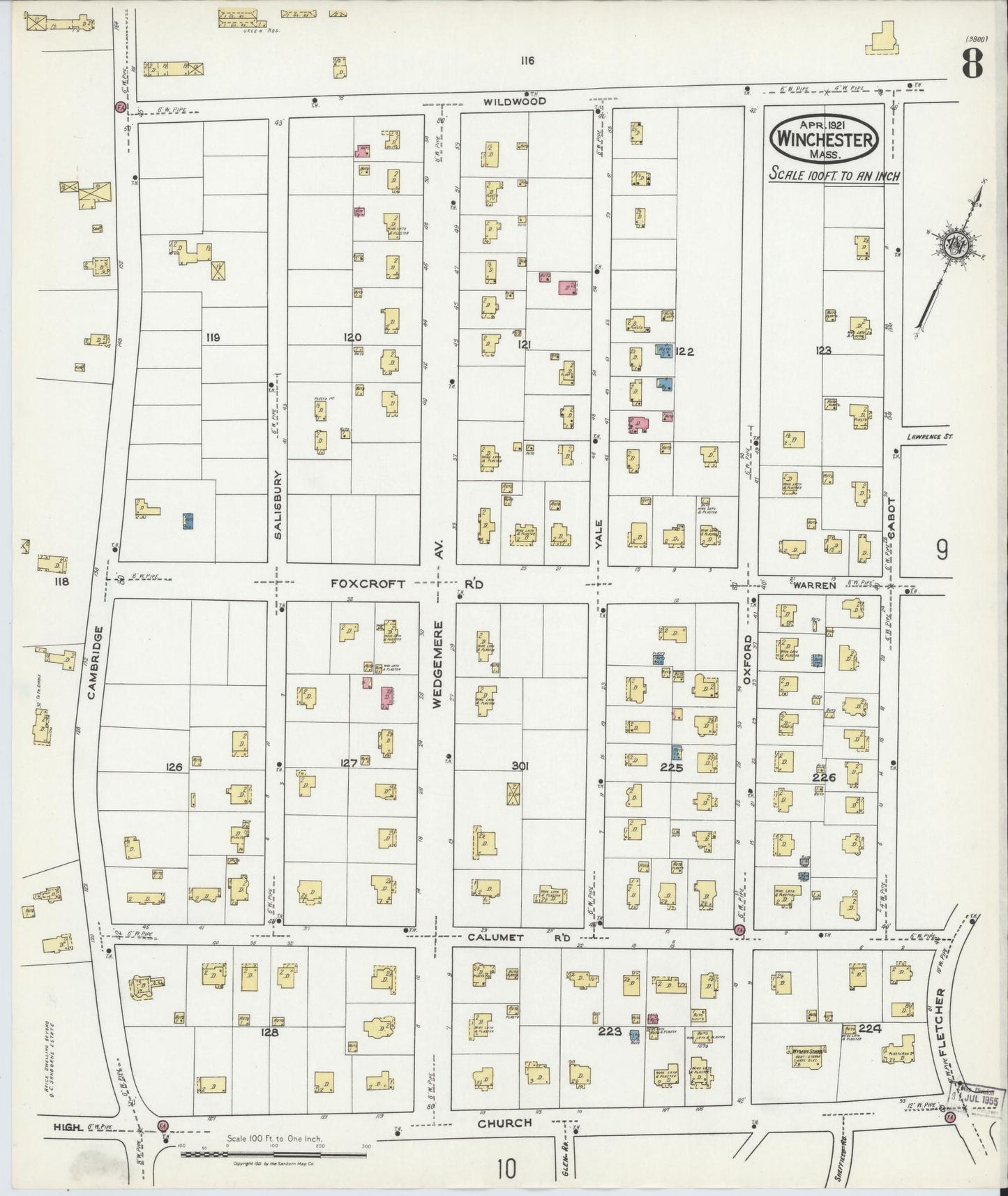 Sanborn Fire Insurance Map from Winchester, Middlesex County, Massachusetts (1921), Sheet #0008 - Historic Sanborn Fire Insurance Map Print, vintage old map wall art, antique decor, genealogy gift, Massachusetts Massachusetts map