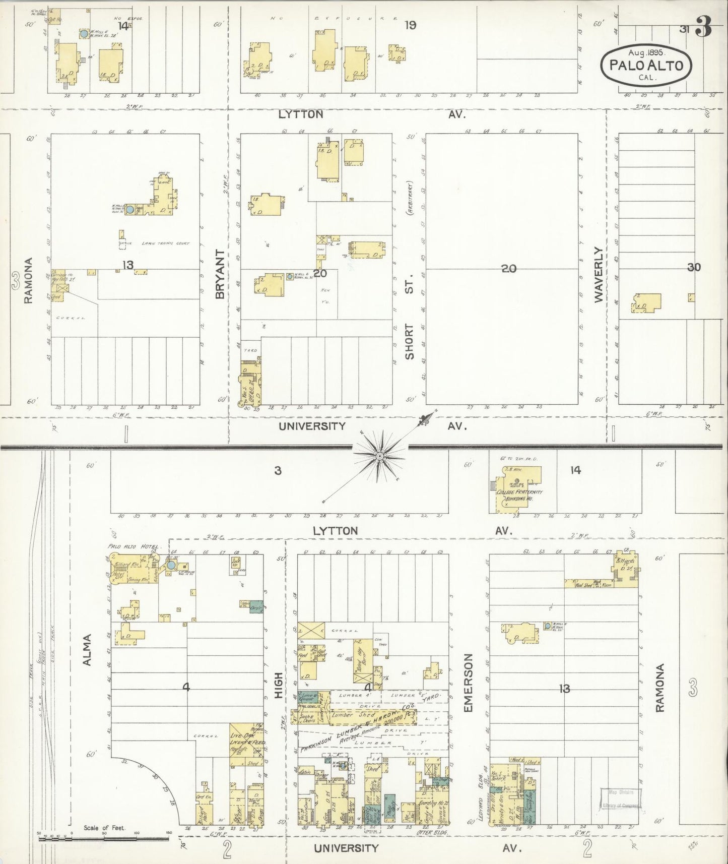 Sanborn Fire Insurance Map from Palo Alto, Santa Clara County, California (1895), Sheet #0003 - Complete Map Set gallery image, historic Sanborn map, vintage wall art, California California