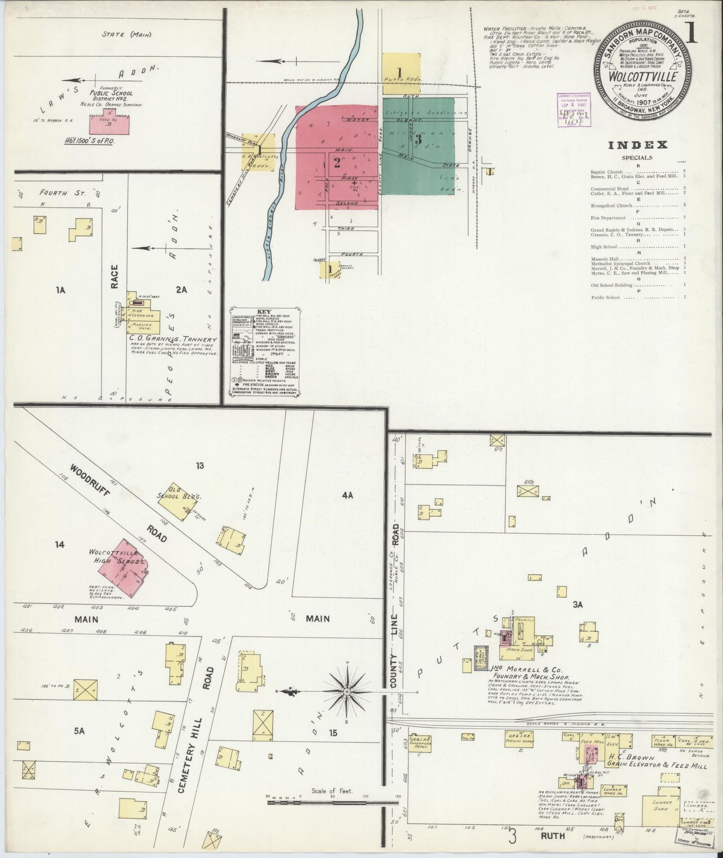 Sanborn Fire Insurance Map from Wolcottville, Noble And LaGrange Counties, Indiana (1907), Sheet #0001 - Historic Sanborn Fire Insurance Map Print, vintage old map wall art, antique decor, genealogy gift, Indiana Indiana map
