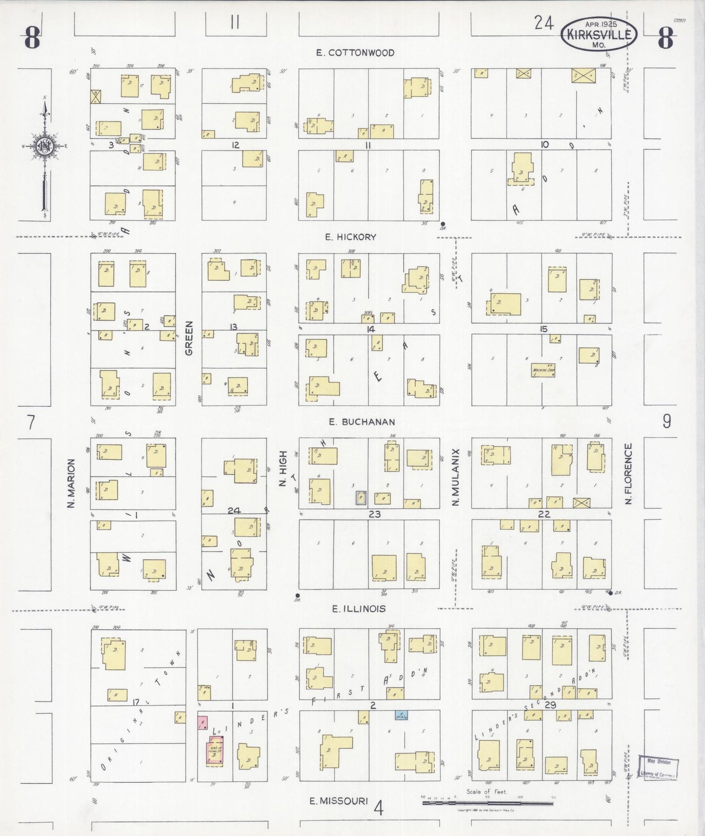 Sanborn Fire Insurance Map from Kirksville, Adair County, Missouri (1925), Sheet #0008 - Historic Sanborn Fire Insurance Map Print, vintage old map wall art, antique decor, genealogy gift, Missouri Missouri map
