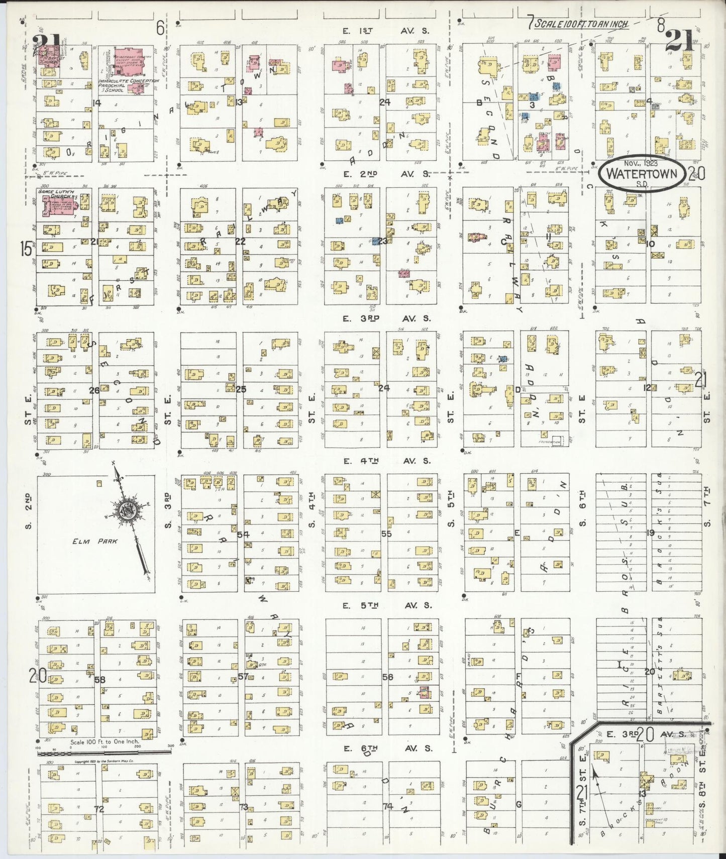 Sanborn Fire Insurance Map from Watertown, Codington County, South Dakota (1923), Sheet #0021 - Historic Sanborn Fire Insurance Map Print, vintage old map wall art, antique decor, genealogy gift, South Dakota South Dakota map