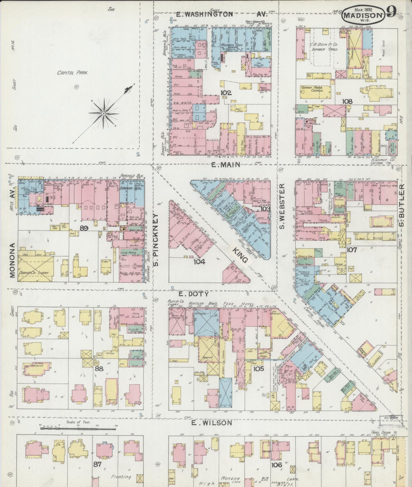 Sanborn Fire Insurance Map from Madison, Dane County, Wisconsin (1892), Sheet #0009 - Historic Sanborn Fire Insurance Map Print, vintage old map wall art, antique decor, genealogy gift, Wisconsin Wisconsin map