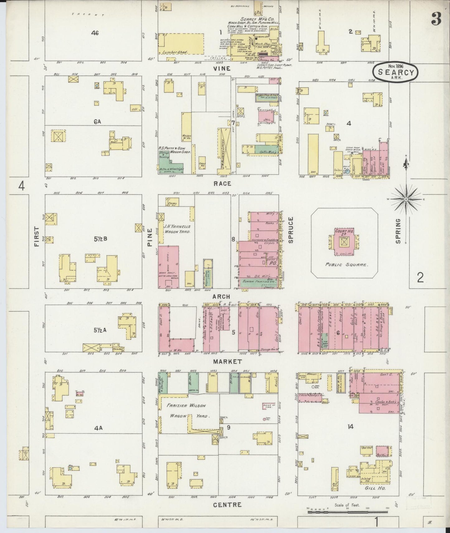 Sanborn Fire Insurance Map from Searcy, White County, Arkansas (1896), Sheet #0003 - Historic Sanborn Fire Insurance Map Print, vintage old map wall art, antique decor, genealogy gift, Arkansas Arkansas map