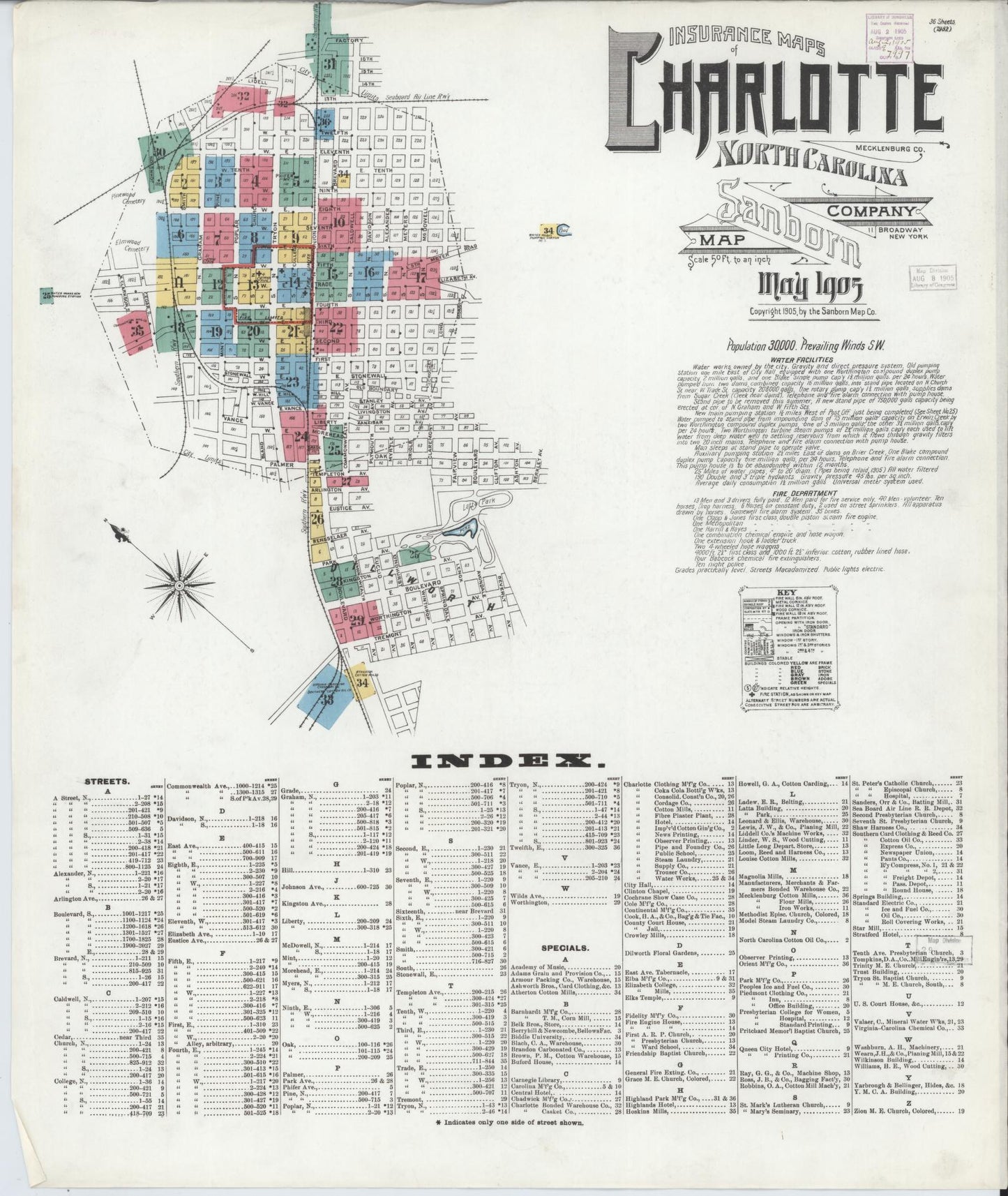 Sanborn Fire Insurance Map from Charlotte, Mecklenburg County, North Carolina (1905), Sheet #0001 - Historic Sanborn Fire Insurance Map Print, vintage old map wall art, antique decor, genealogy gift, North Carolina North Carolina map
