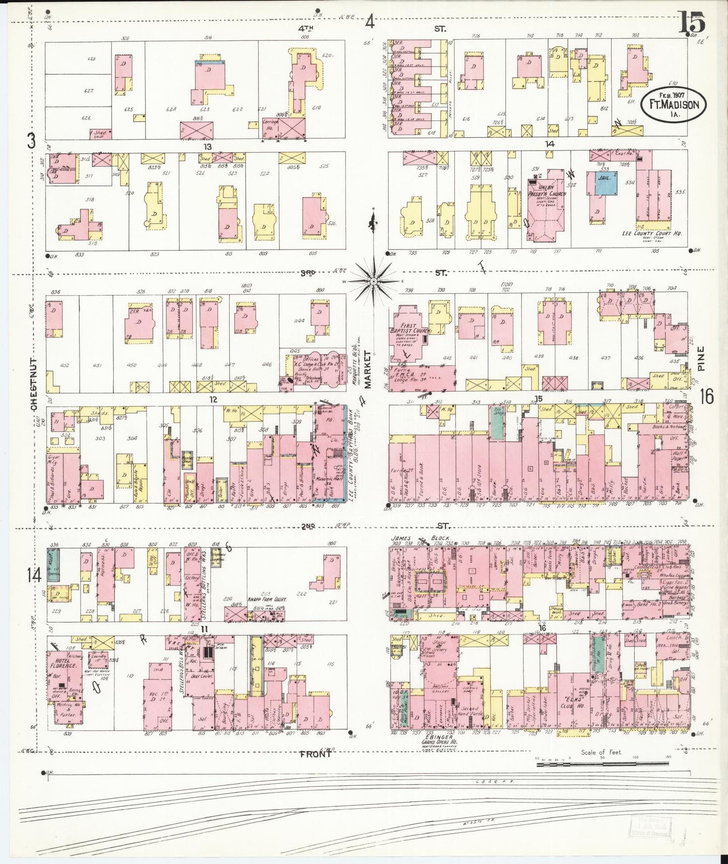 Sanborn Fire Insurance Map from Fort Madison, Lee County, Iowa (1907), Sheet #0015 - Historic Sanborn Fire Insurance Map Print, vintage old map wall art
