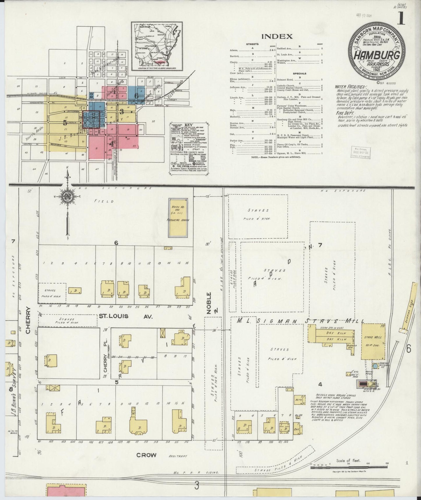Sanborn Fire Insurance Map from Hamburg, Ashley County, Arkansas (1921), Sheet #0001 - Historic Sanborn Fire Insurance Map Print, vintage old map wall art, antique decor, genealogy gift, Arkansas Arkansas map