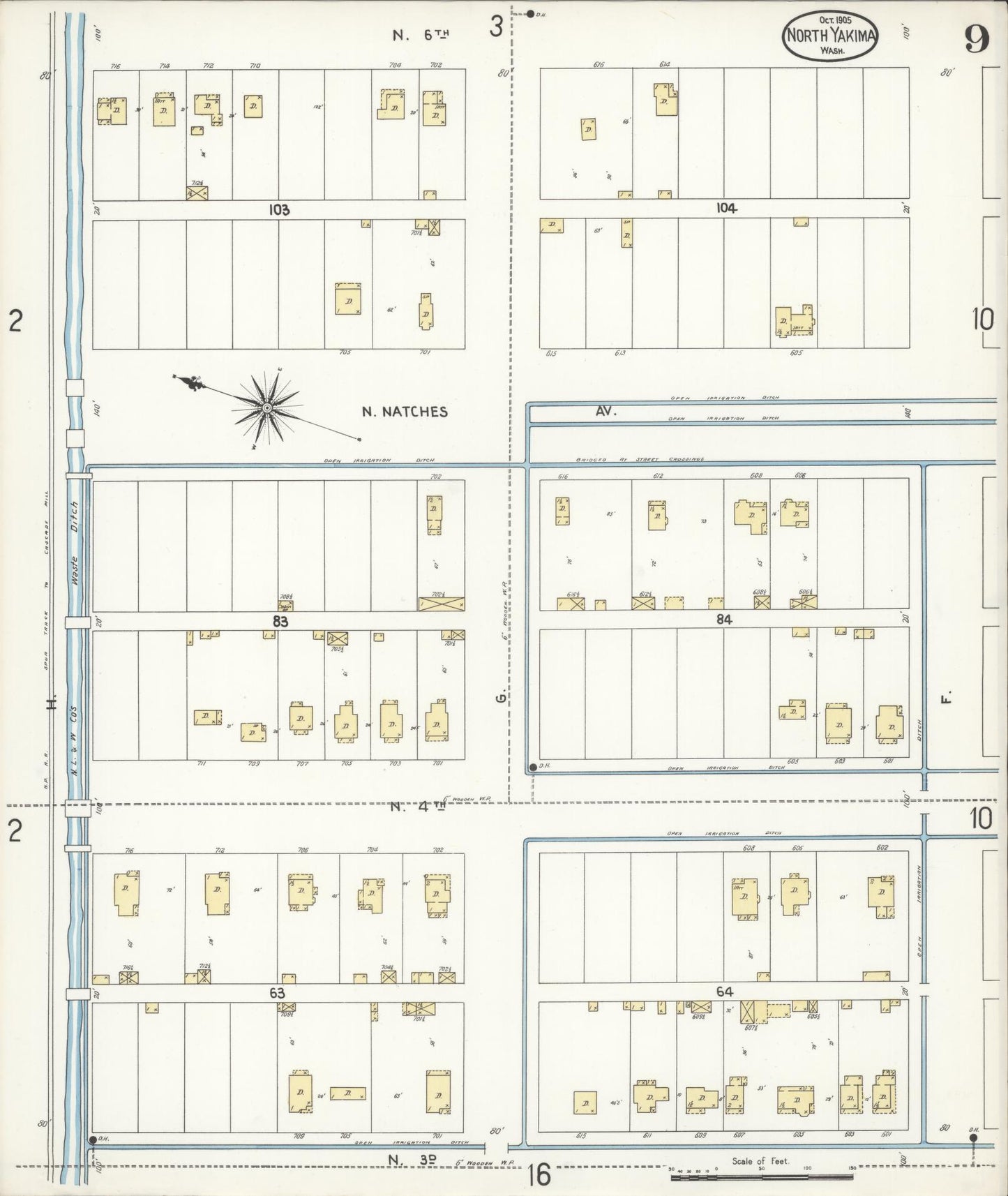 Sanborn Fire Insurance Map from North Yakima, Yakima County, Washington (1905), Sheet #0009 - Historic Sanborn Fire Insurance Map Print, vintage old map wall art, antique decor, genealogy gift, Washington Washington map