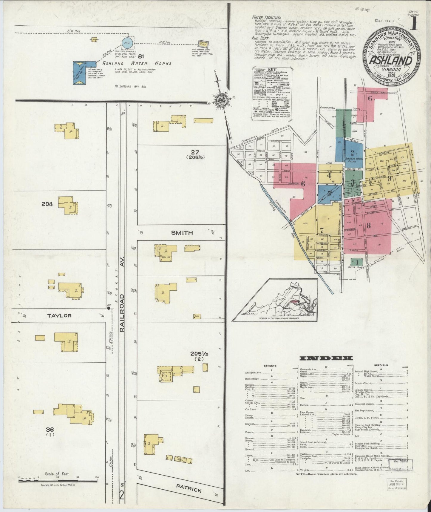 Sanborn Fire Insurance Map from Ashland, Hanover County, Virginia. (1921) – Historic Sanborn Fire Insurance Map Print
