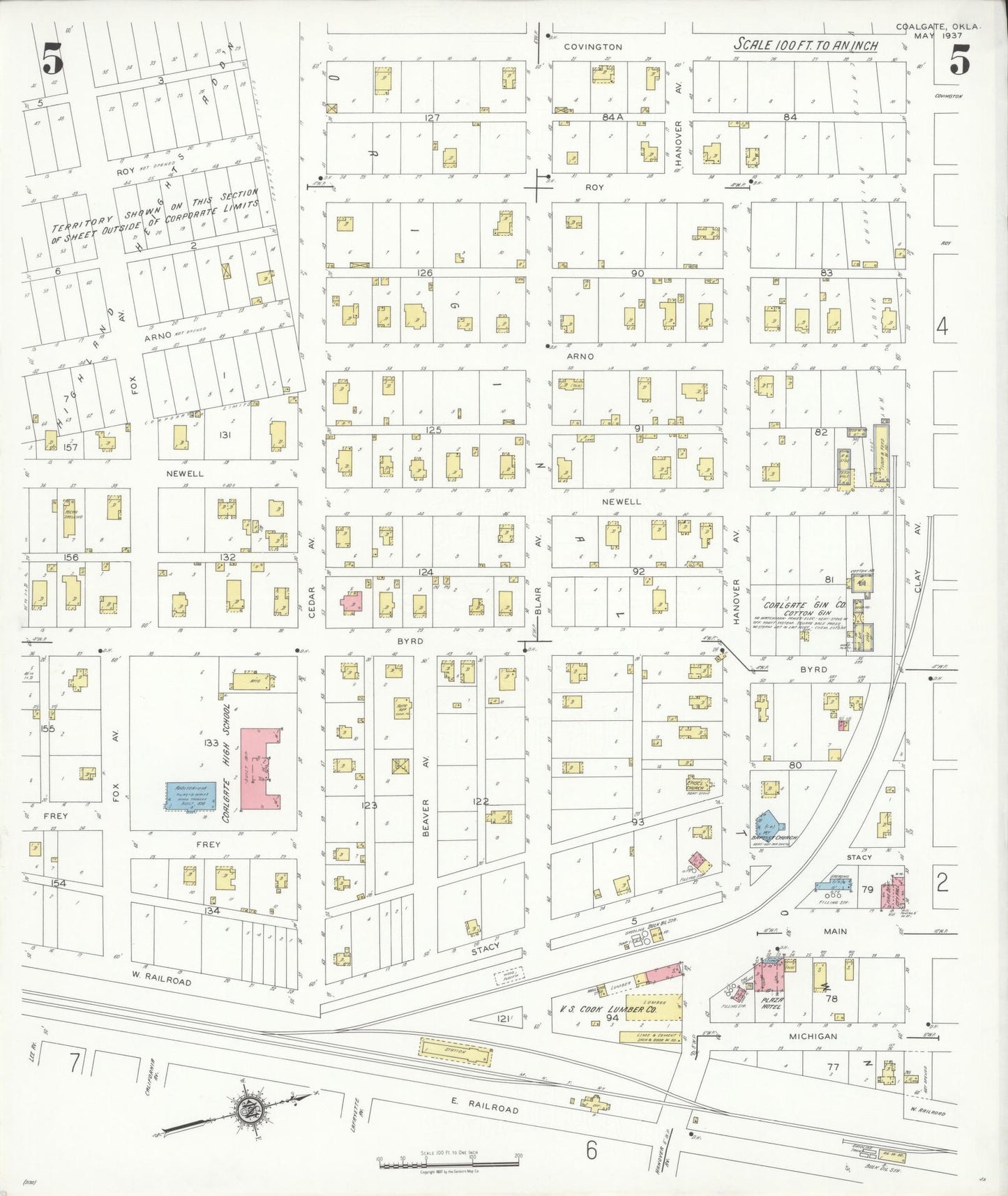 Sanborn Fire Insurance Map from Coalgate, Coal County, Oklahoma (1937), Sheet #0005 - Historic Sanborn Fire Insurance Map Print, vintage old map wall art, antique decor, genealogy gift, Oklahoma Oklahoma map