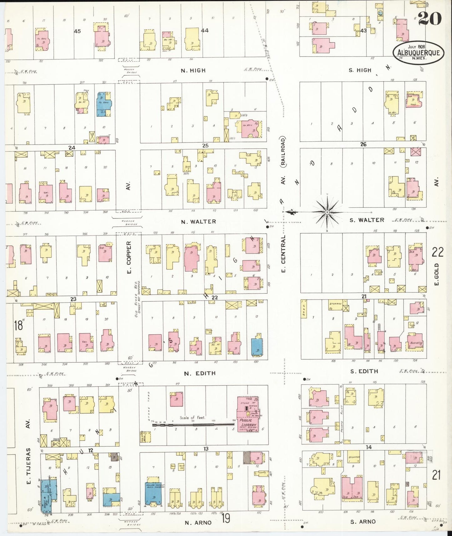 Sanborn Fire Insurance Map from Albuquerque, Bernalillo County, New Mexico (1908), Sheet #0020 - Historic Sanborn Fire Insurance Map Print, vintage old map wall art, antique decor, genealogy gift, New Mexico New Mexico map