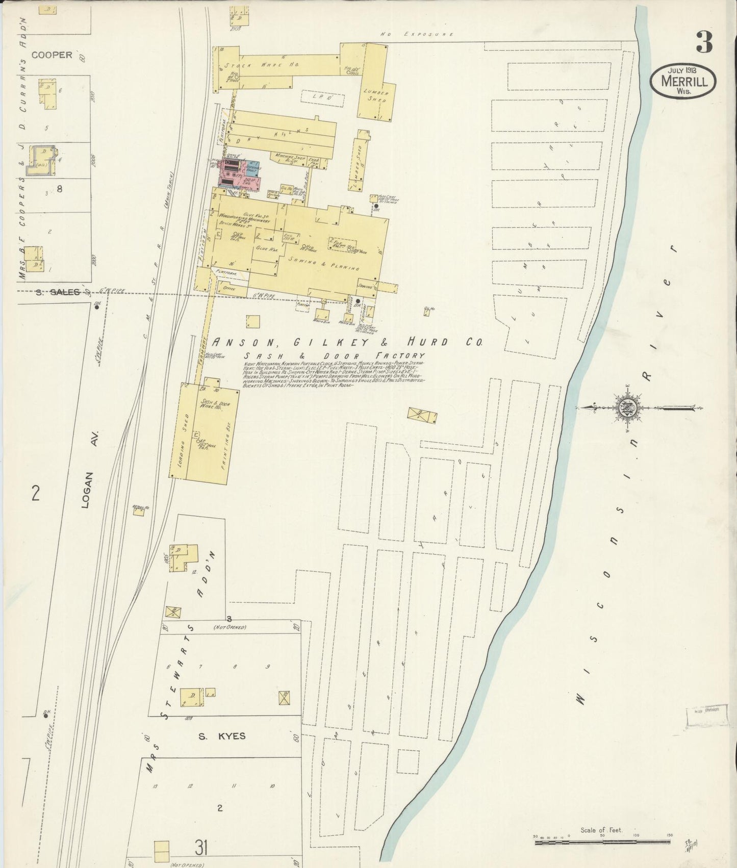 Sanborn Fire Insurance Map from Merrill, Lincoln County, Wisconsin (1913), Sheet #0003 - Historic Sanborn Fire Insurance Map Print, vintage old map wall art, antique decor, genealogy gift, Wisconsin Wisconsin map