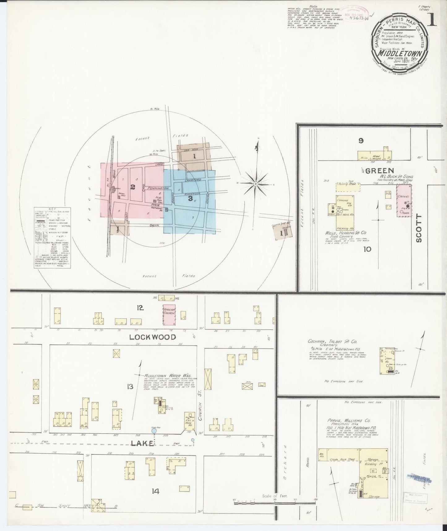 Sanborn Fire Insurance Map from Middletown, New Castle County, Delaware (1891), Sheet #0001 - Historic Sanborn Fire Insurance Map Print, vintage old map wall art, antique decor, genealogy gift, Delaware Delaware map