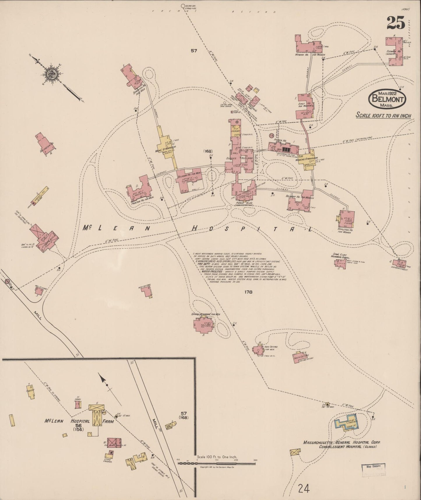Sanborn Fire Insurance Map from Belmont, Middlesex County, Massachusetts (1922), Sheet #0025 - Historic Sanborn Fire Insurance Map Print, vintage old map wall art, antique decor, genealogy gift, Massachusetts Massachusetts map