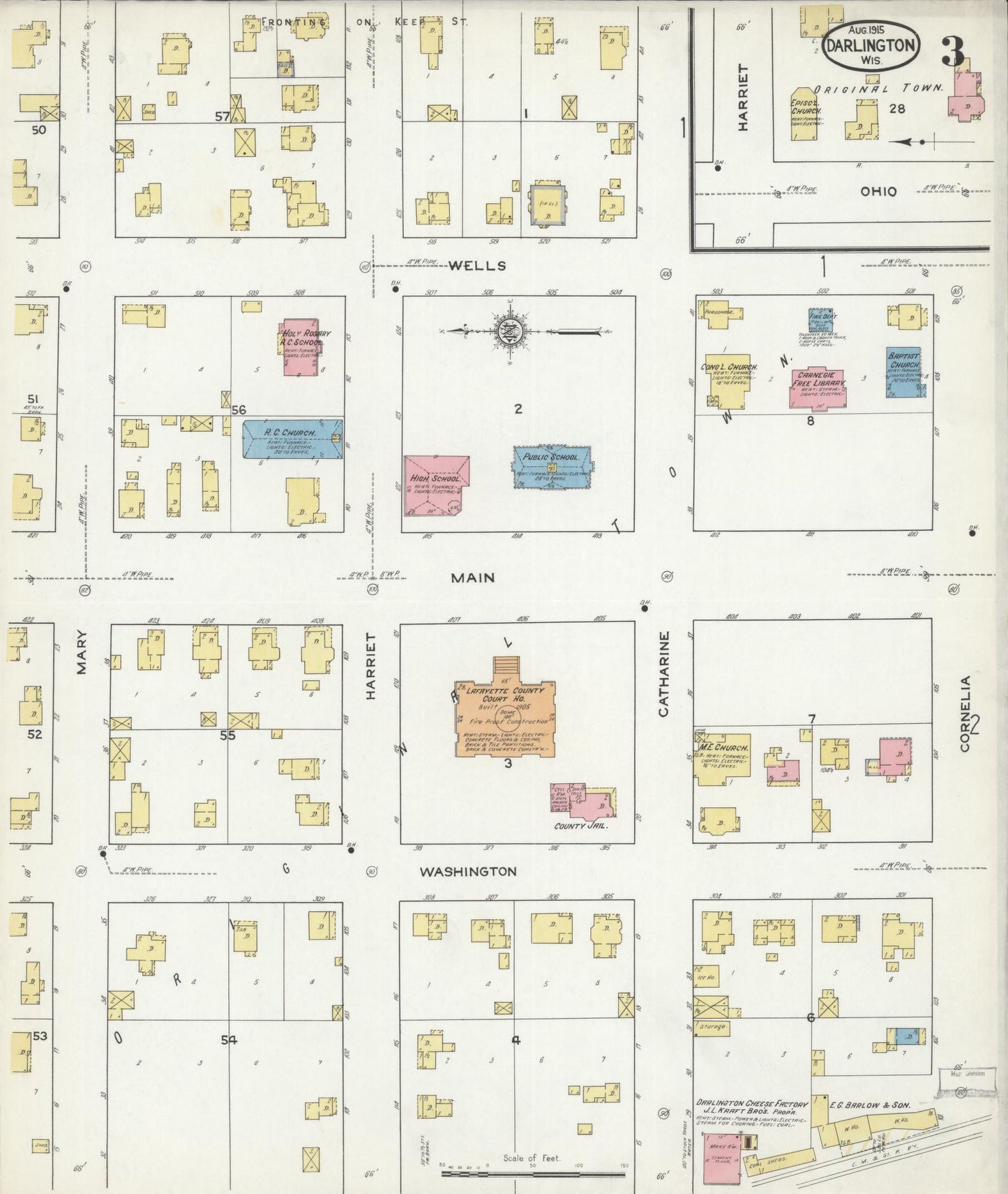 Sanborn Fire Insurance Map from Darlington, Lafayette County, Wisconsin (1915), Sheet #0003 - Historic Sanborn Fire Insurance Map Print, vintage old map wall art, antique decor, genealogy gift, Wisconsin Wisconsin map
