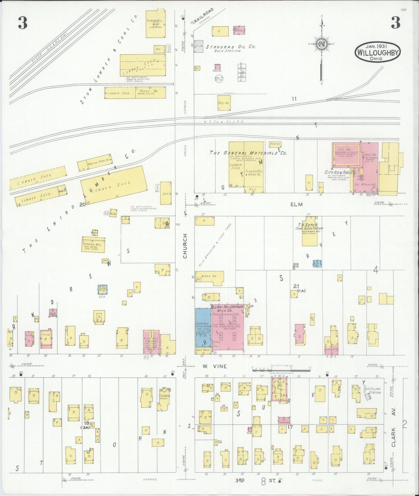 Sanborn Fire Insurance Map from Willoughby, Lake County, Ohio (1931), Sheet #0003 - Historic Sanborn Fire Insurance Map Print, vintage old map wall art, antique decor, genealogy gift, Ohio Ohio map