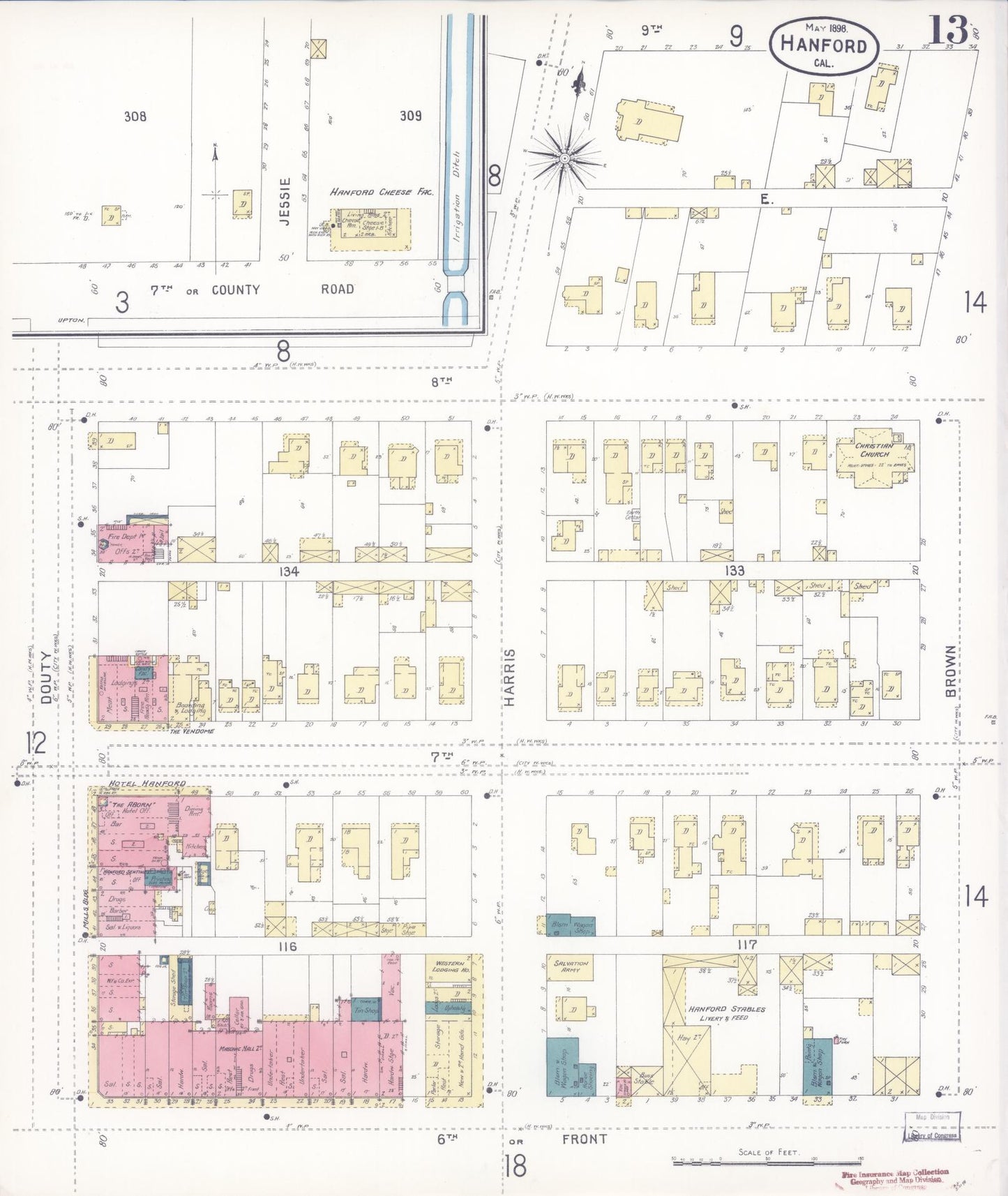 Sanborn Fire Insurance Map from Hanford, Kings County, California (1898), Sheet #0013 - Historic Sanborn Fire Insurance Map Print, vintage old map wall art, antique decor, genealogy gift, California California map