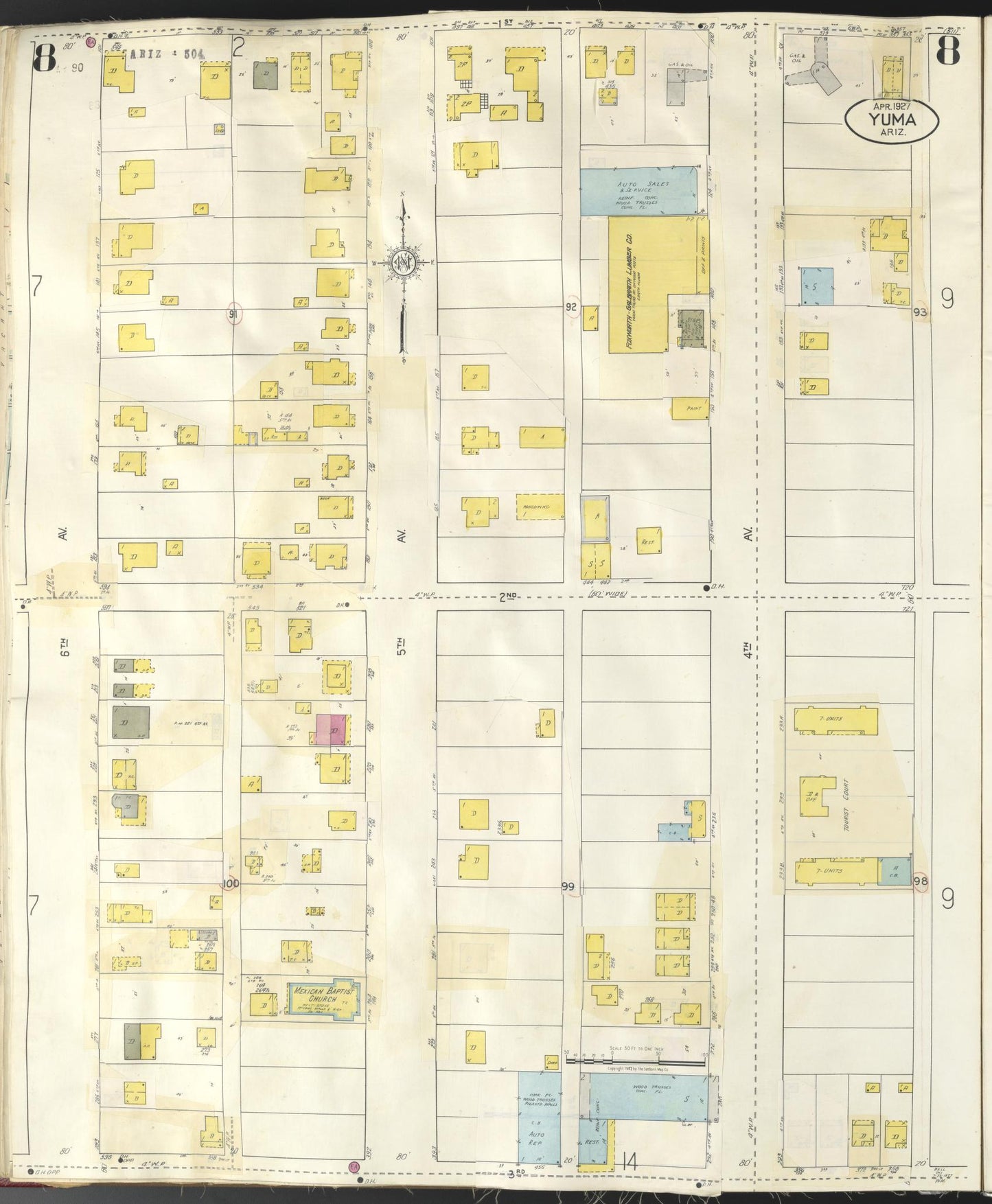 Sanborn Fire Insurance Map from Yuma, Yuma County, Arizona (1948), Sheet #0008 - Historic Sanborn Fire Insurance Map Print, vintage old map wall art, antique decor, genealogy gift, Arizona Arizona map