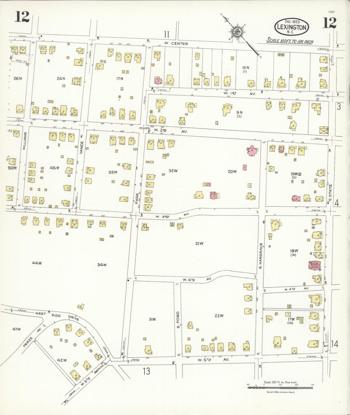 Sanborn Fire Insurance Map from Lexington, Davidson County, North Carolina (1923), Sheet #0012 - Historic Sanborn Fire Insurance Map Print, vintage old map wall art, antique decor, genealogy gift, North Carolina North Carolina map