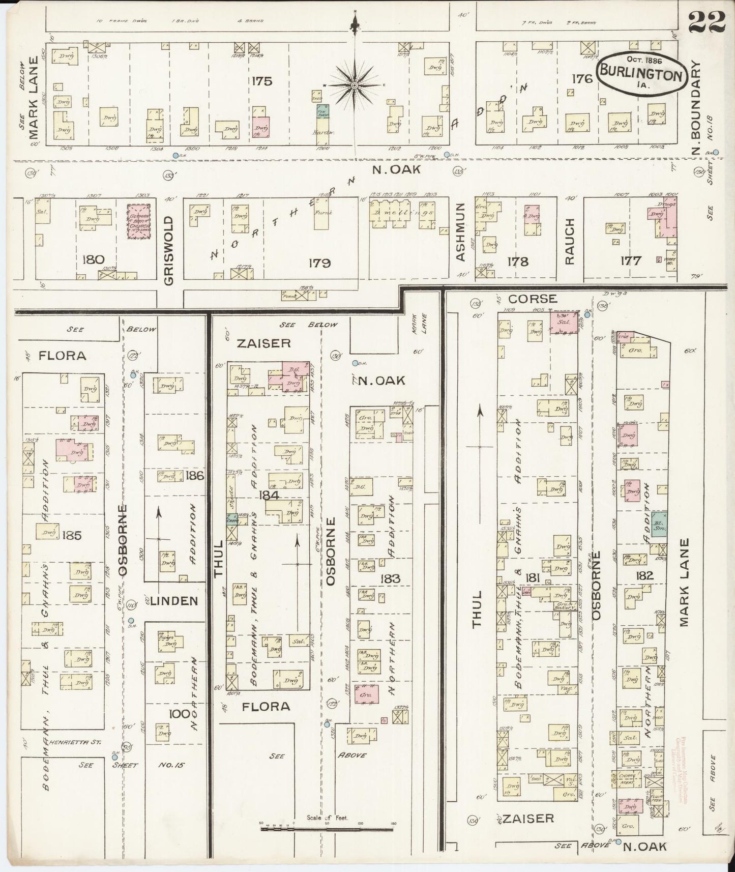 Sanborn Fire Insurance Map from Burlington, Des Moines County, Iowa (1888), Sheet #0022 - Historic Sanborn Fire Insurance Map Print, vintage old map wall art