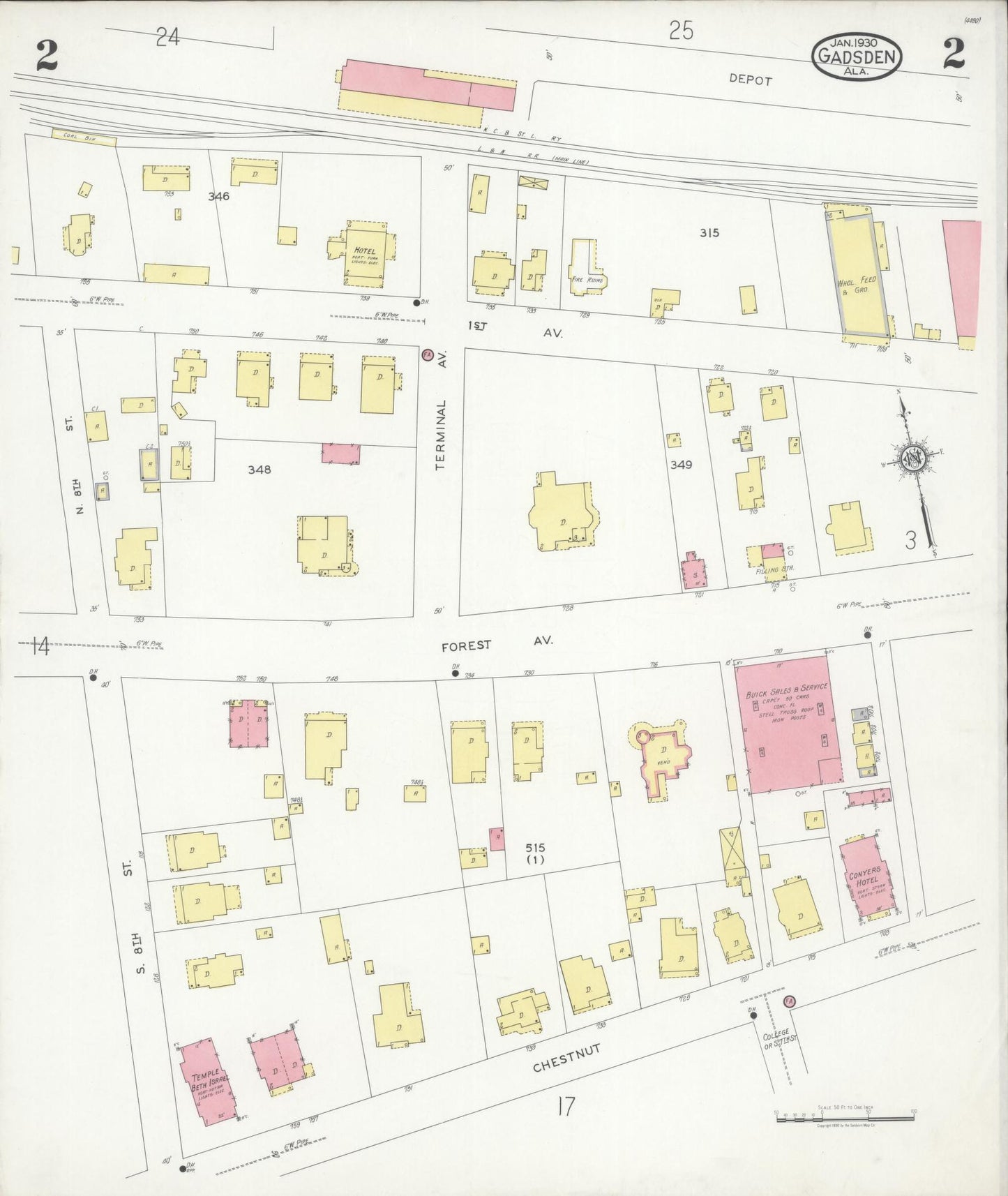 Sanborn Fire Insurance Map from Gadsden, Etowah County, Alabama (1930), Sheet #0002 - Historic Sanborn Fire Insurance Map Print, vintage old map wall art, antique decor, genealogy gift, Alabama Alabama map