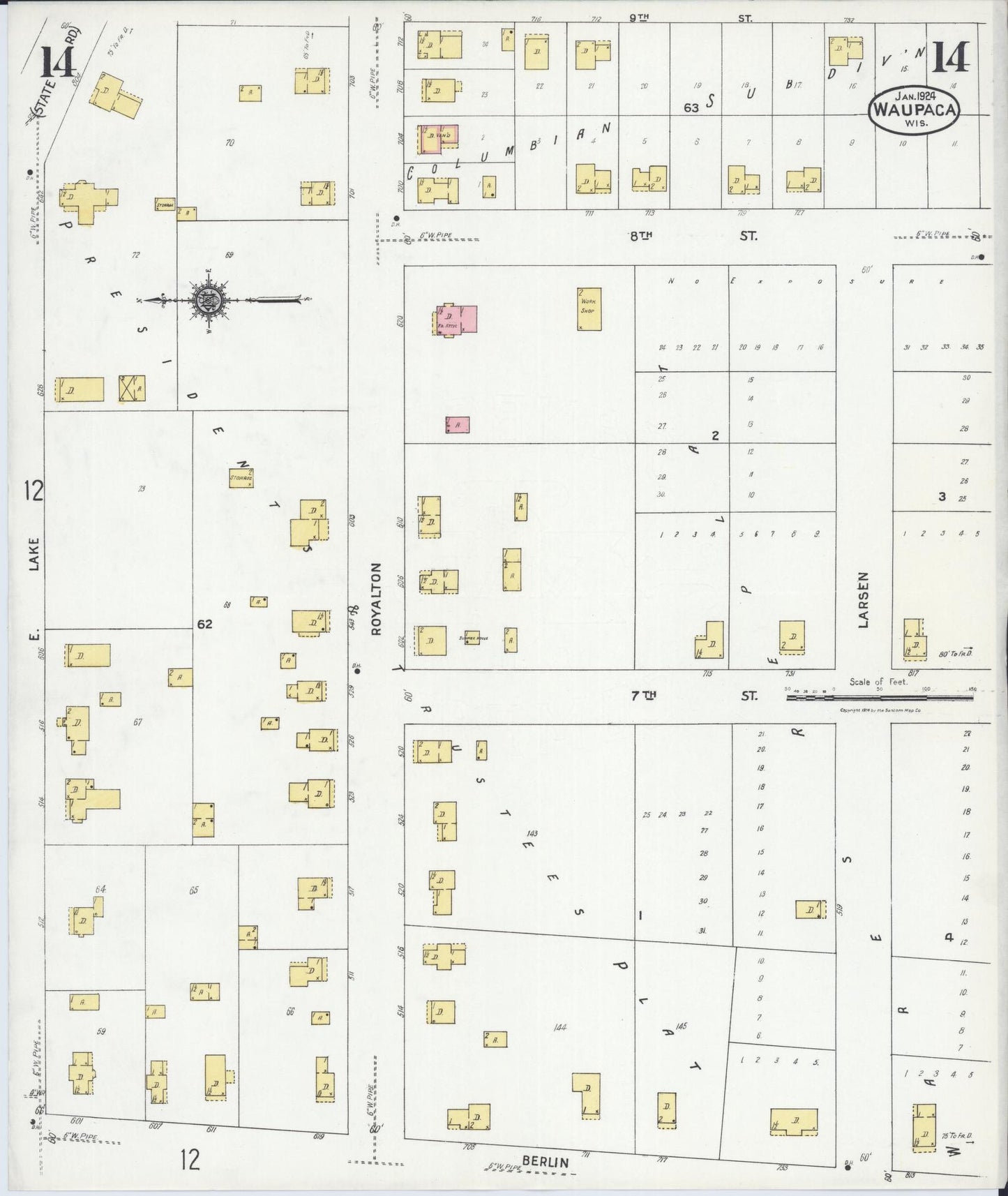 Sanborn Fire Insurance Map from Waupaca, Waupaca County, Wisconsin (1924), Sheet #0014 - Historic Sanborn Fire Insurance Map Print, vintage old map wall art, antique decor, genealogy gift, Wisconsin Wisconsin map
