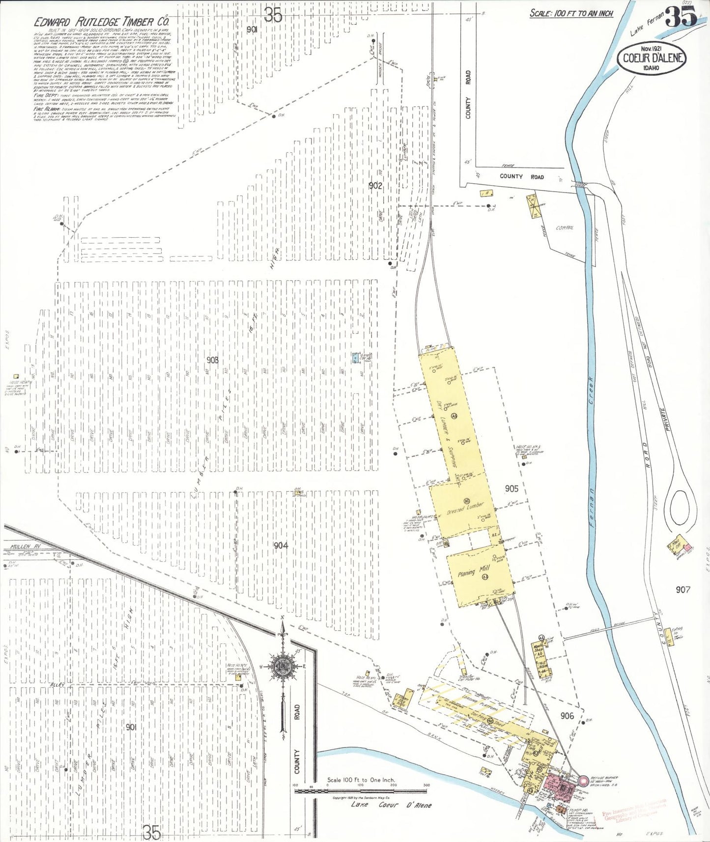 Sanborn Fire Insurance Map from Coeur D'alene, Kootenai County, Idaho (1921), Sheet #0035 - Historic Sanborn Fire Insurance Map Print, vintage old map wall art, antique decor, genealogy gift, Idaho Idaho map