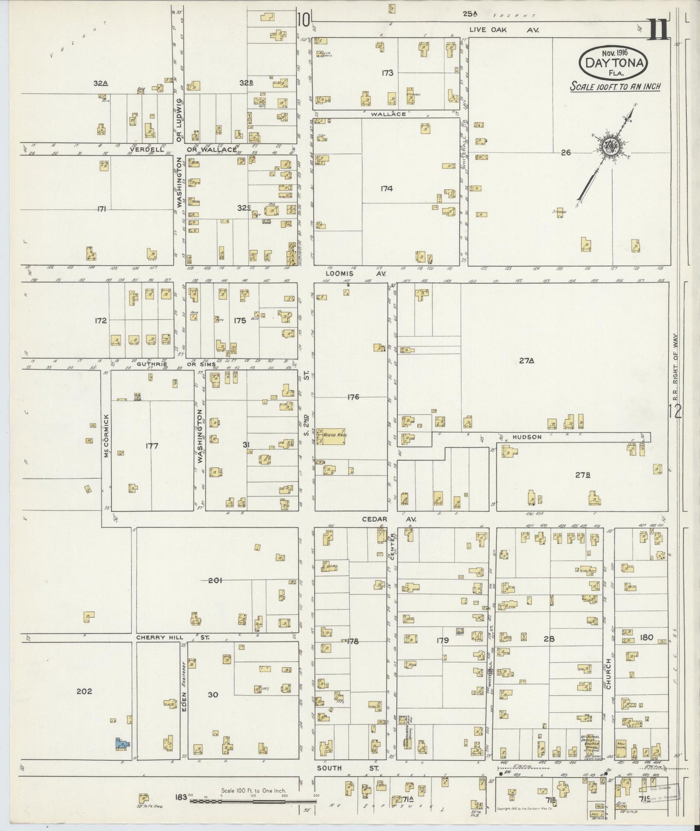 Sanborn Fire Insurance Map from Daytona, Volusia County, Florida (1916), Sheet #0011 - Complete Map Set gallery image, historic Sanborn map, vintage wall art, Florida Florida