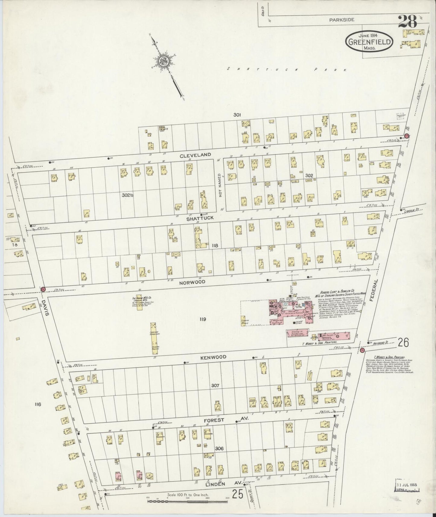 Sanborn Fire Insurance Map from Greenfield, Franklin County, Massachusetts (1914), Sheet #0028 - Complete Map Set gallery image, historic Sanborn map, vintage wall art, Massachusetts Massachusetts