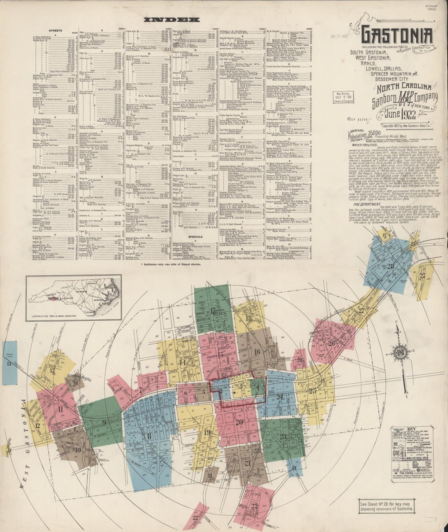 Sanborn Fire Insurance Map from Gastonia, Gaston County, North Carolina (1922), Sheet #0001 - Historic Sanborn Fire Insurance Map Print, vintage old map wall art, antique decor, genealogy gift, North Carolina North Carolina map